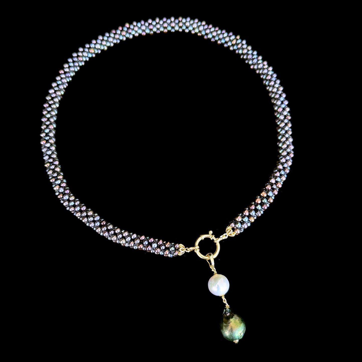 Solid 14k Gold, Black Pearl Rope Necklace with a Removable Baroque Pearl Drop Tassel