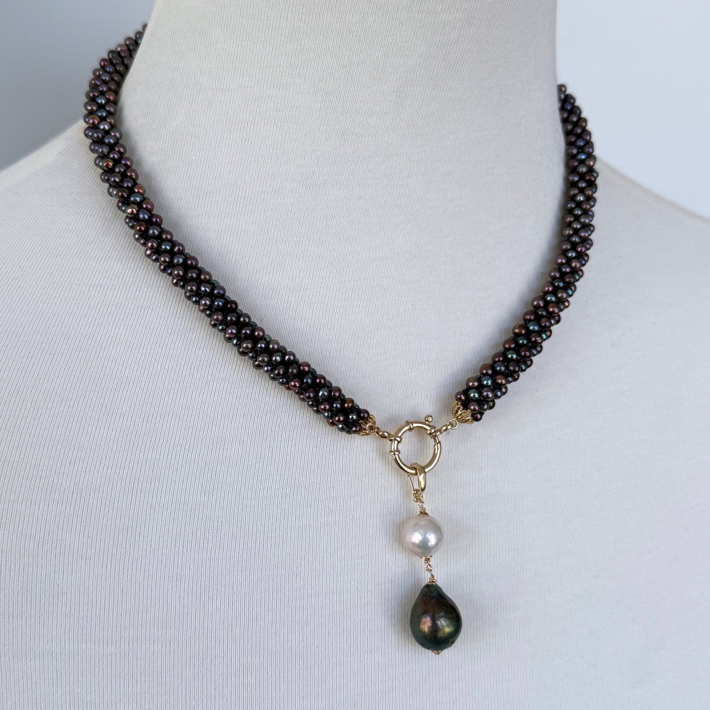 Solid 14k Gold, Black Pearl Rope Necklace with a Removable Baroque Pearl Drop Tassel