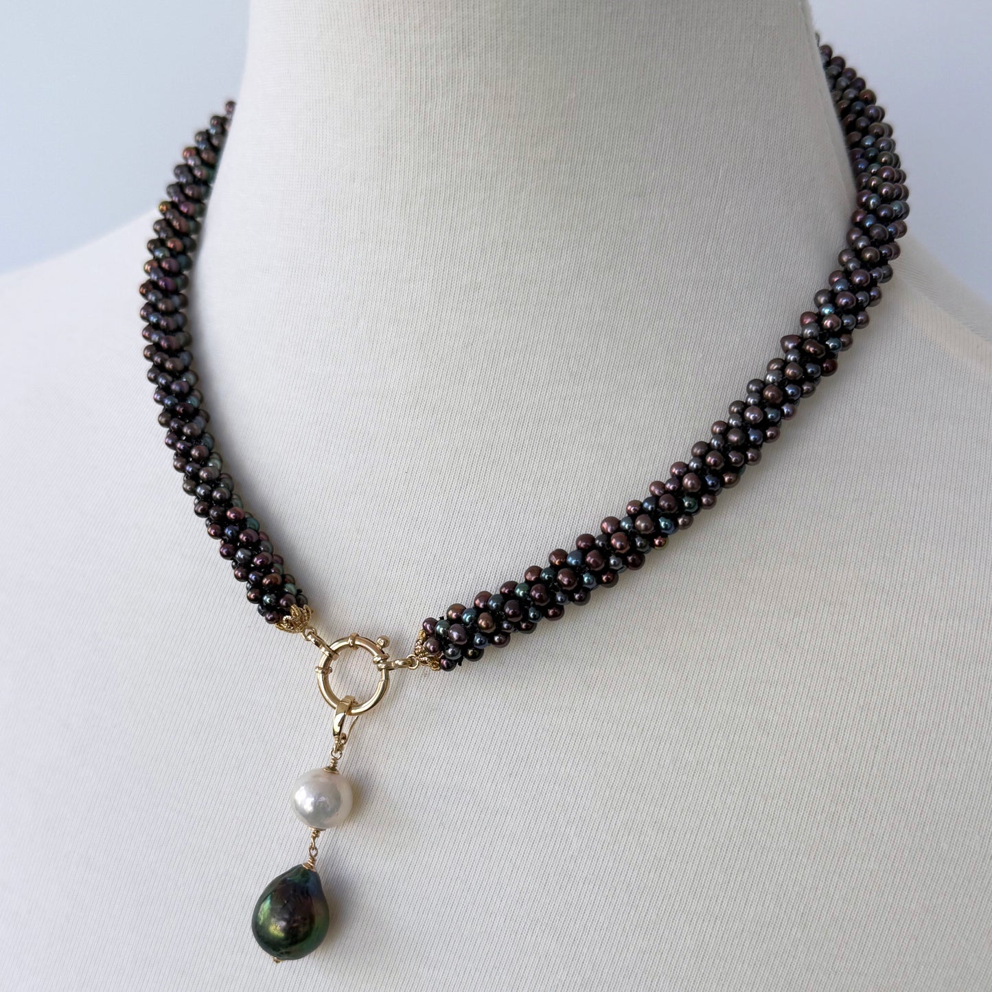 Solid 14k Gold, Black Pearl Rope Necklace with a Removable Baroque Pearl Drop Tassel
