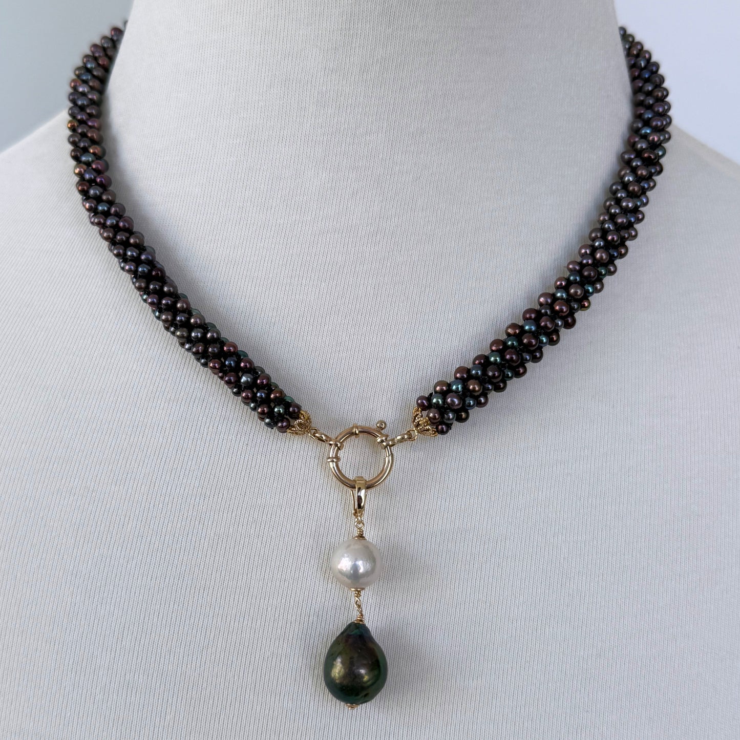 Solid 14k Gold, Black Pearl Rope Necklace with a Removable Baroque Pearl Drop Tassel