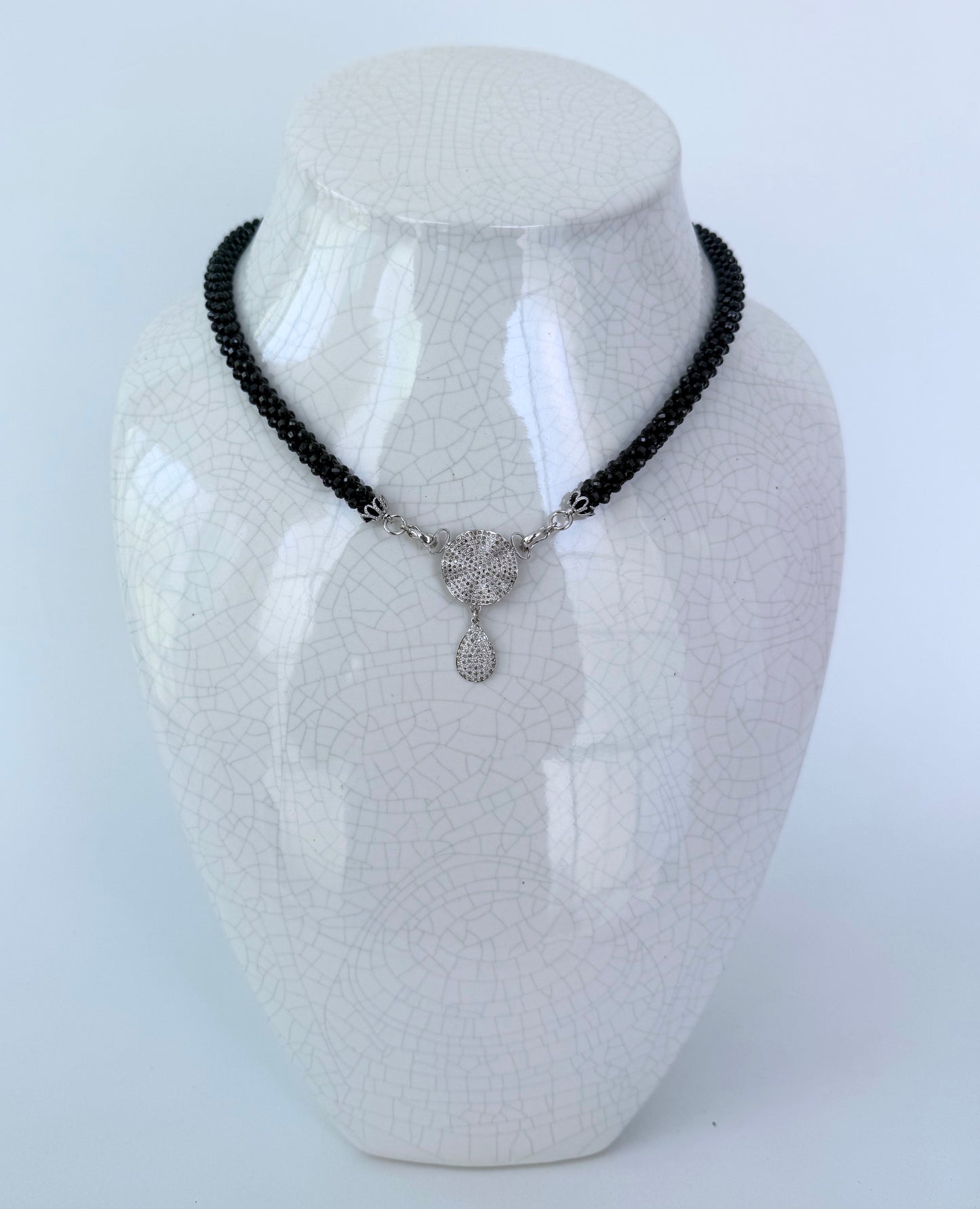 Black Spinel Rope Necklace with Diamond Centerpiece