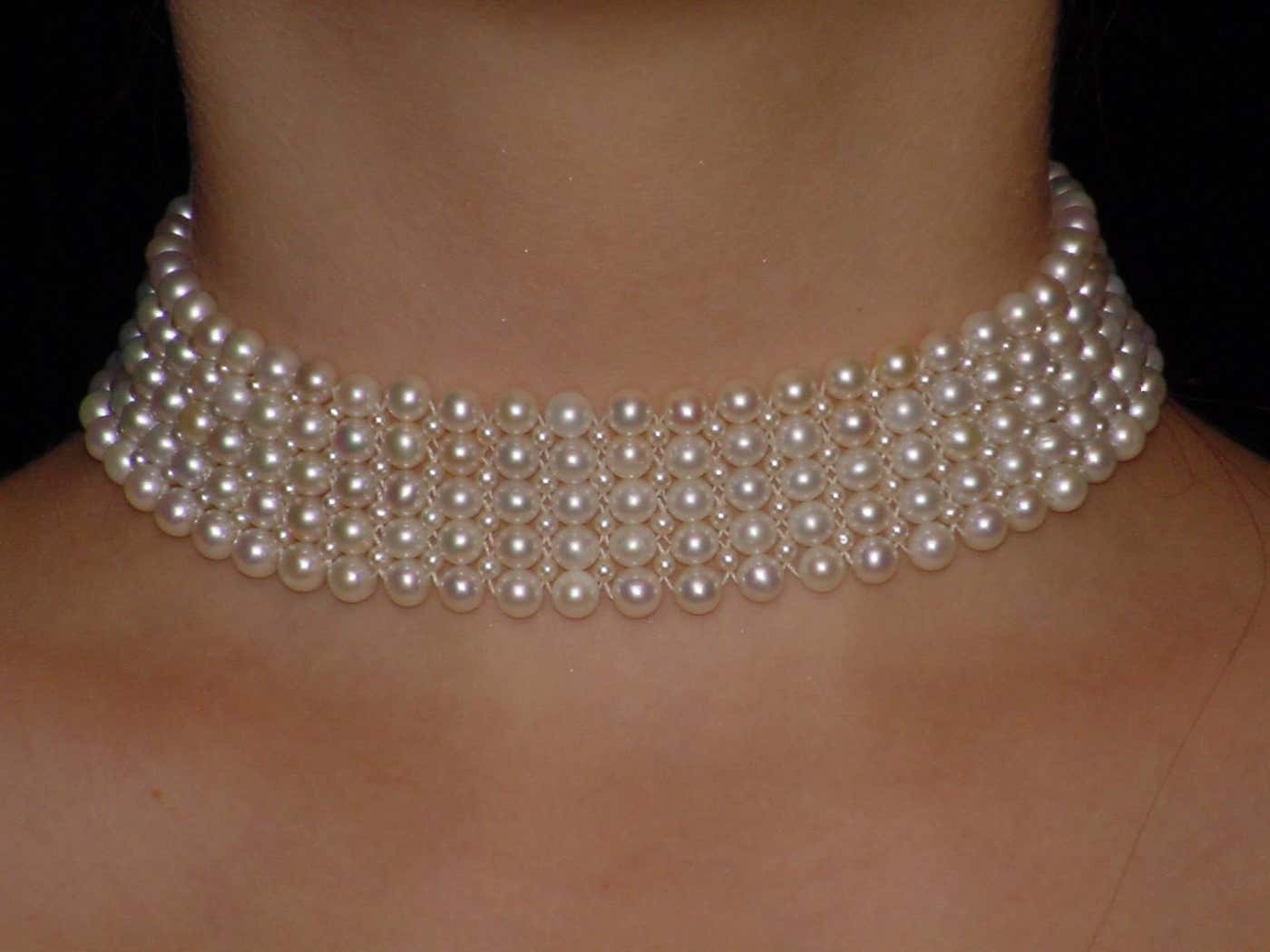 Statement White Pearl Woven Choker with White Gold Plated Silver Clasp