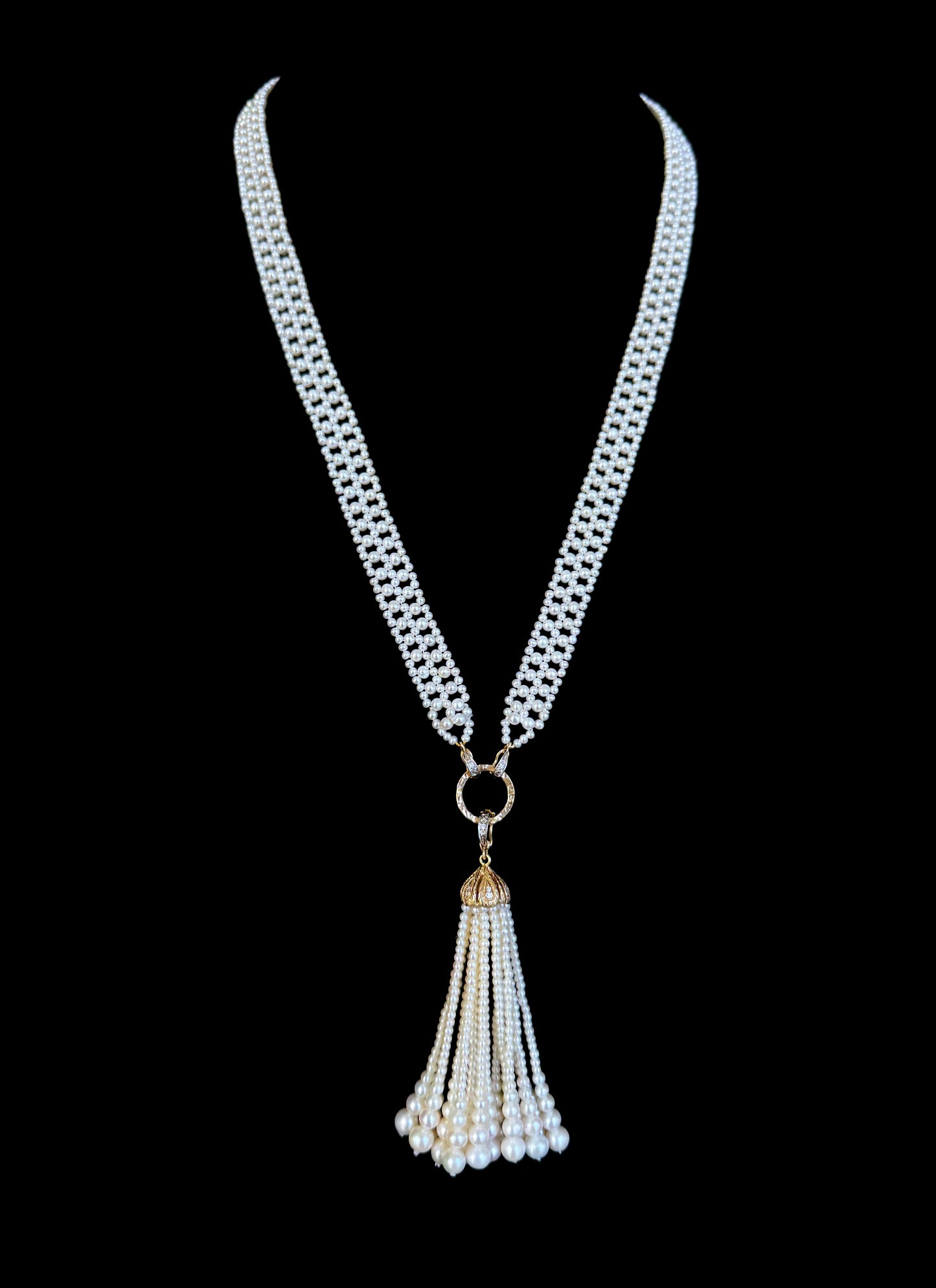 Bridal Pearl Sautoir with Diamonds & Solid 14k Yellow Gold