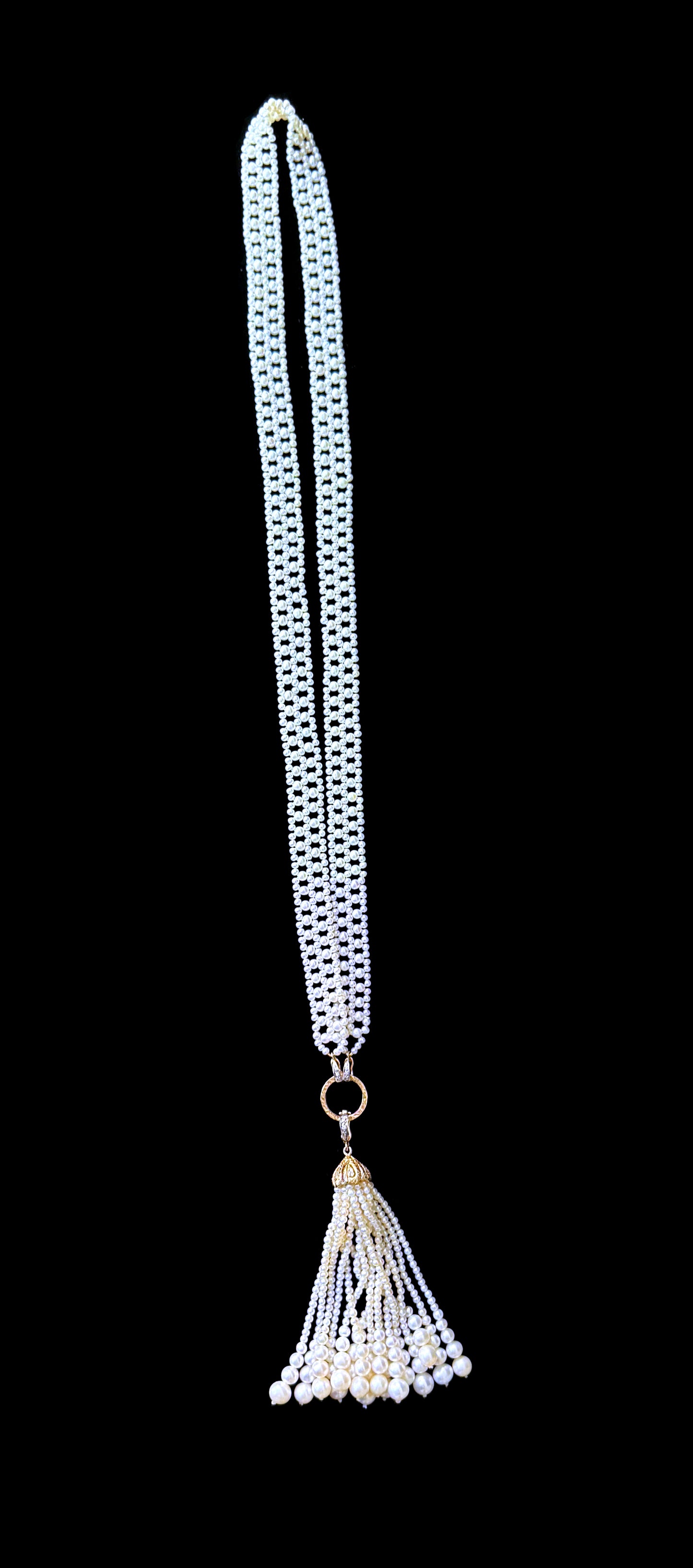 Bridal Pearl Sautoir with Diamonds & Solid 14k Yellow Gold