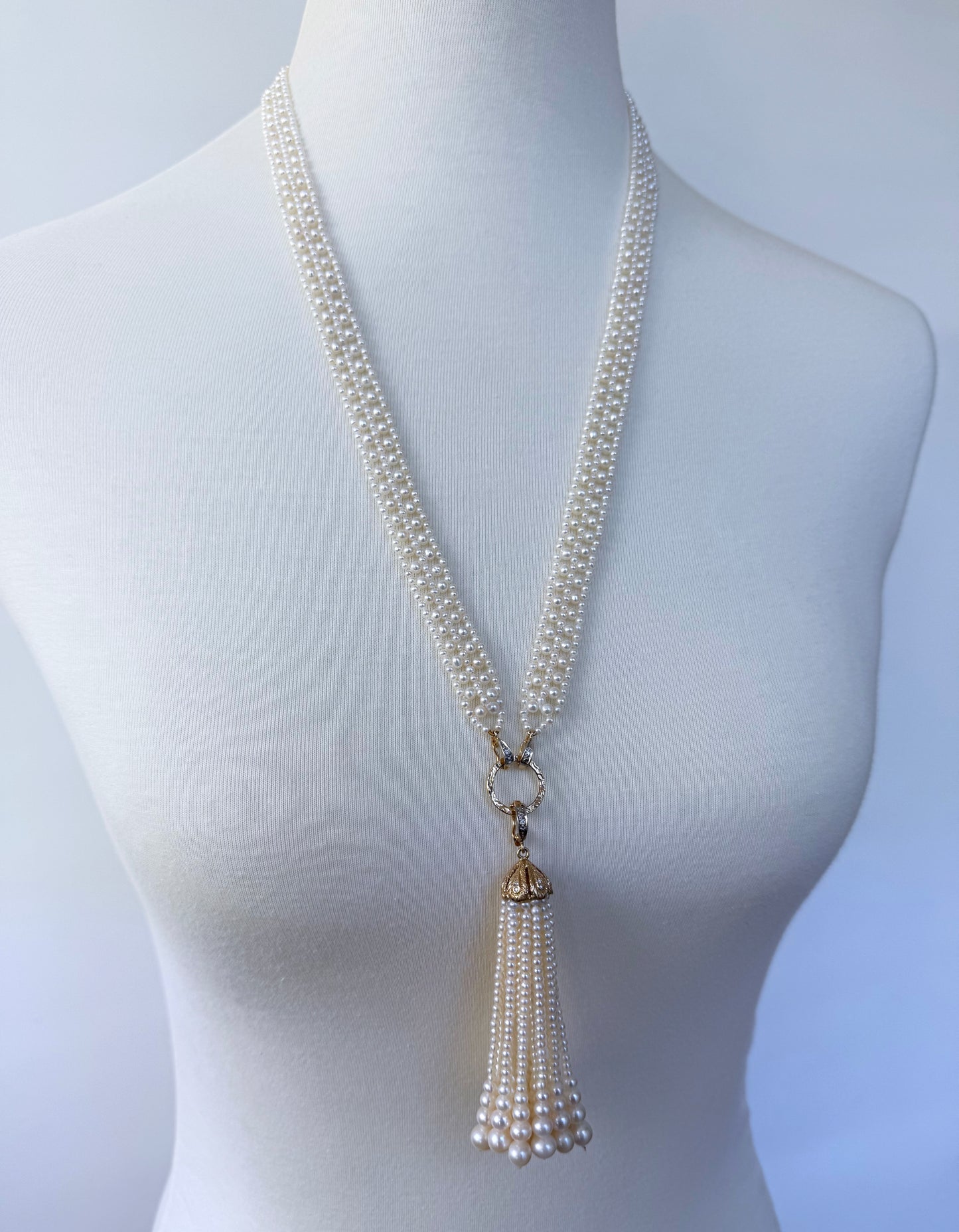 Bridal Pearl Sautoir with Diamonds & Solid 14k Yellow Gold