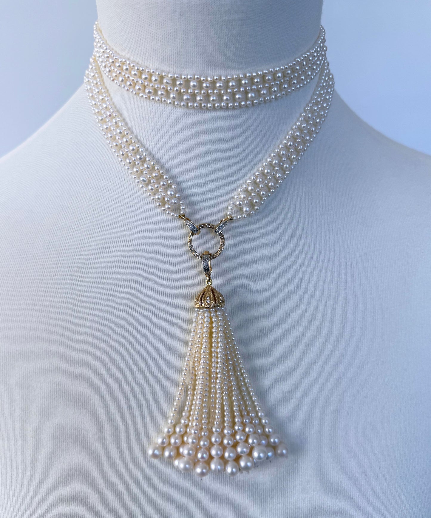 Bridal Pearl Sautoir with Diamonds & Solid 14k Yellow Gold