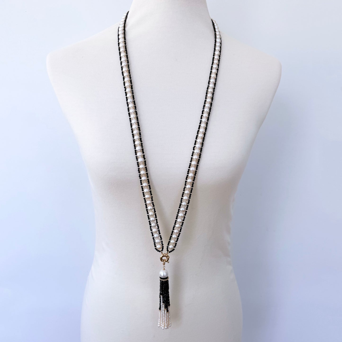 Pearl and Black Spinel Satuoir and Tassel with 14k Yellow Gold