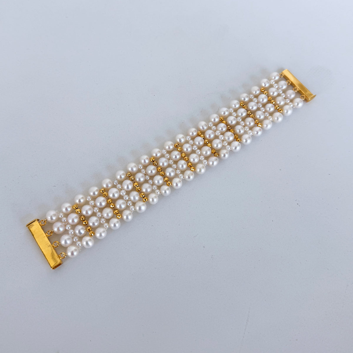 Pearl Woven Bridal Bracelet with 18k Yellow Gold Plating