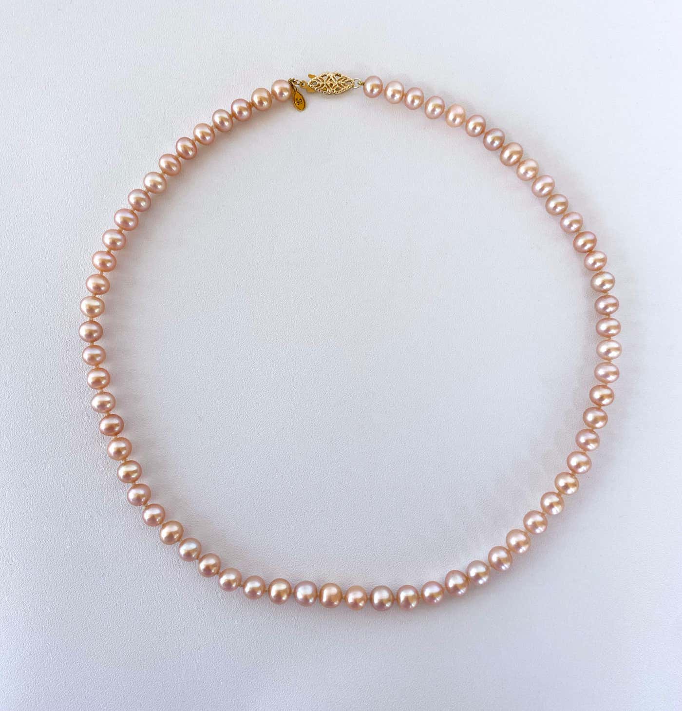 Pink Pearl Necklace with 14k Yellow Gold Filigree Clasp