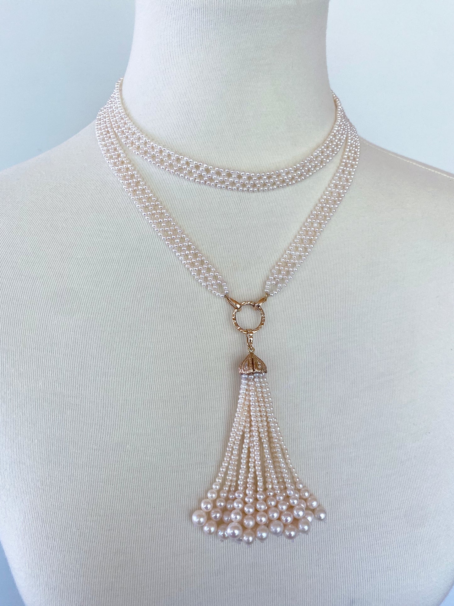 Bridal Pearl Lace Sautoir & Tassel with solid 14k Yellow Gold & Diamonds