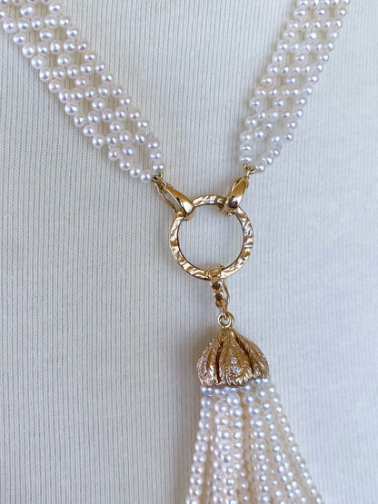 Bridal Pearl Lace Sautoir & Tassel with solid 14k Yellow Gold & Diamonds