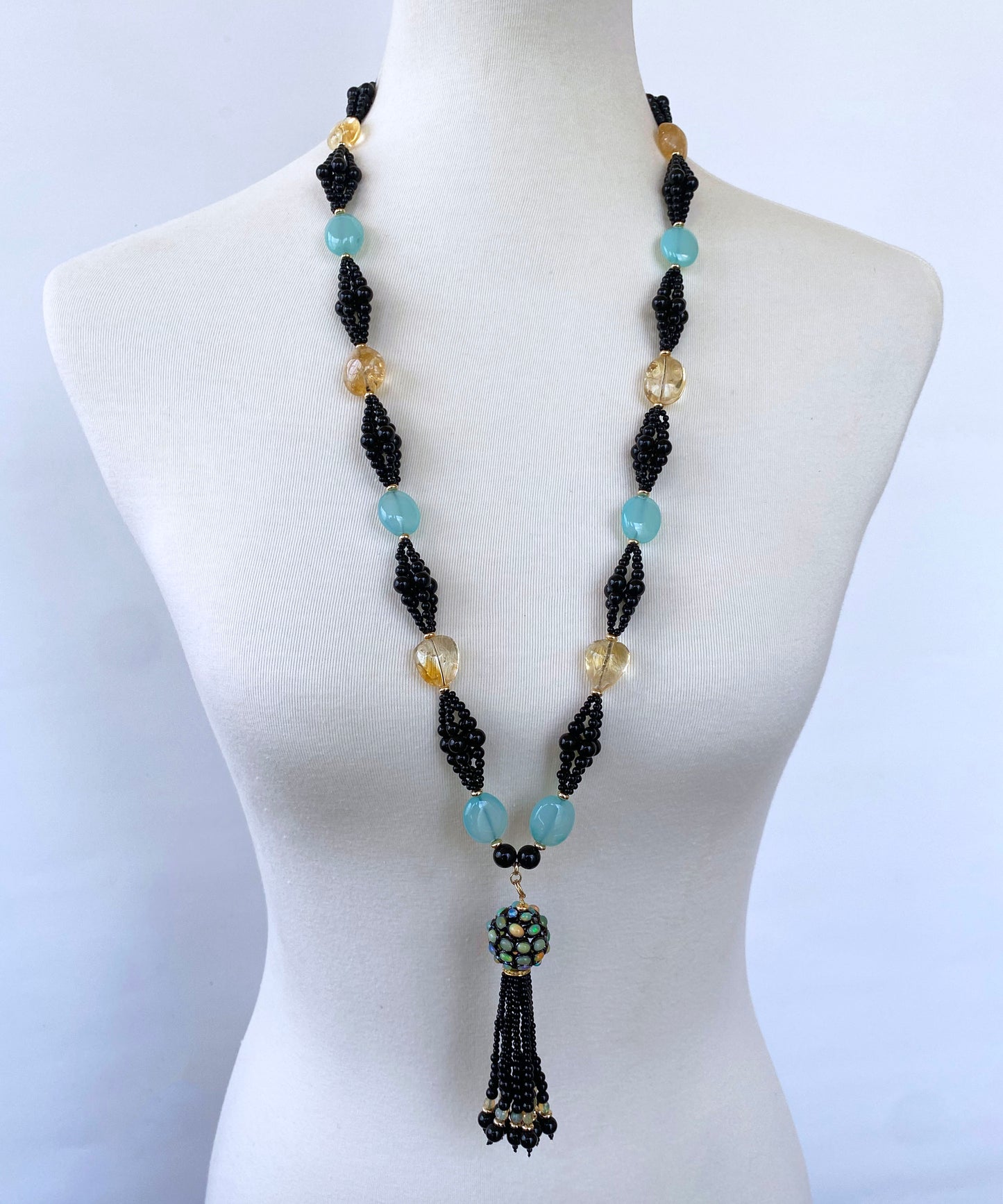 Black Onyx, Chalcedony, Citrine & Gold Cluster Infinity Necklace with Tassel