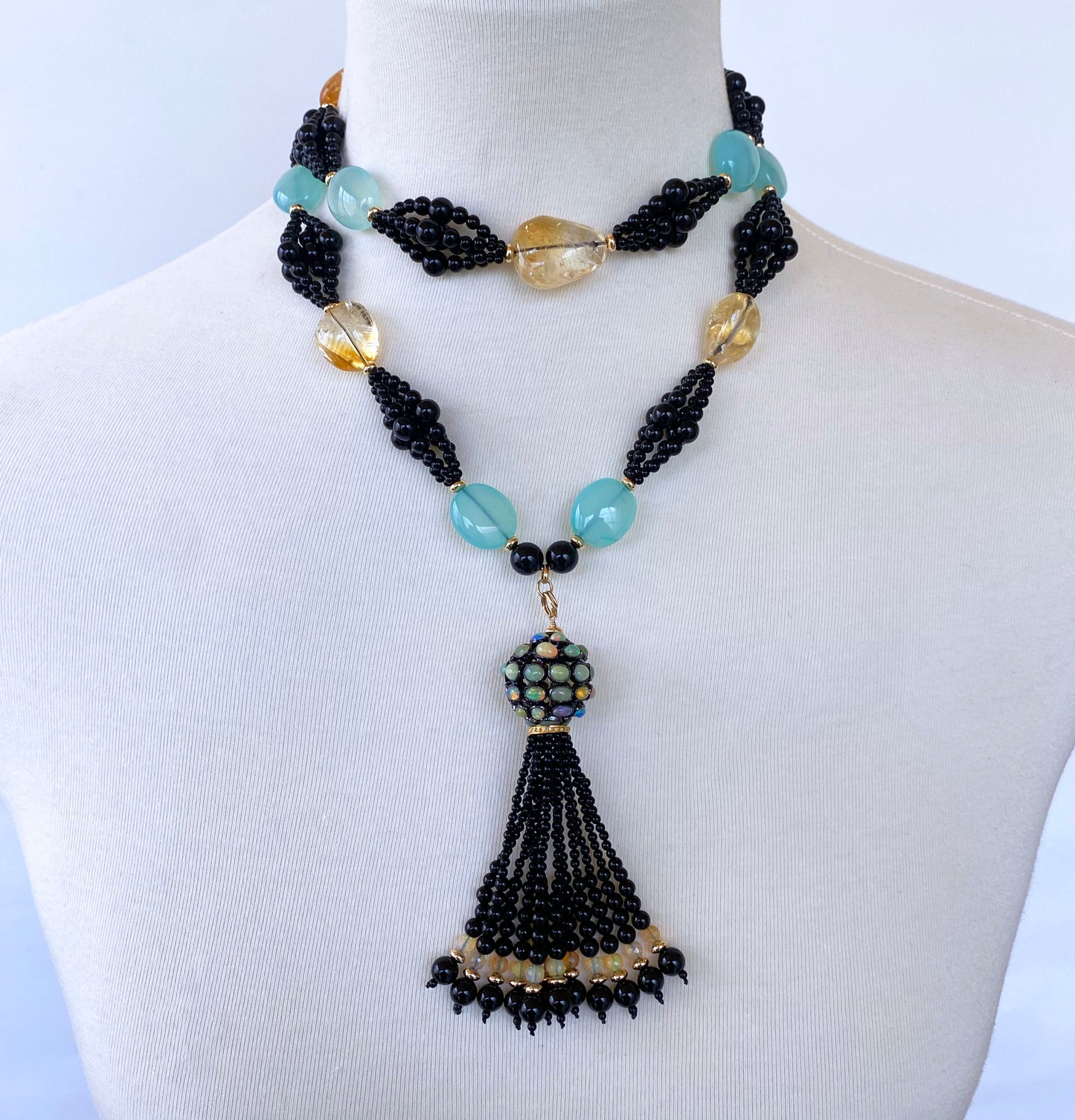 Black Onyx, Chalcedony, Citrine & Gold Cluster Infinity Necklace with Tassel