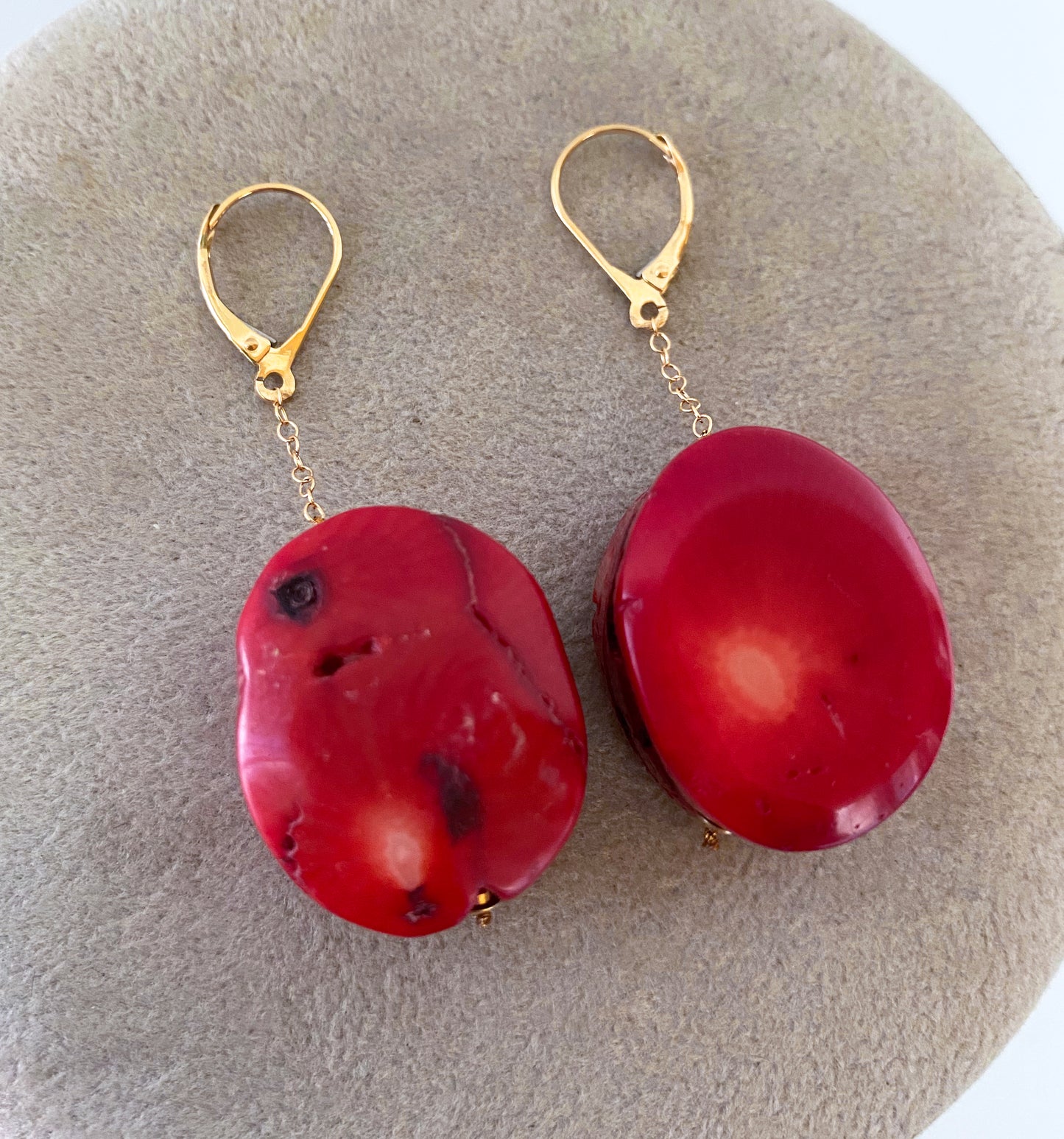 Coral Drop Earrings with Solid 14k Yellow Gold Lever-Back Hooks