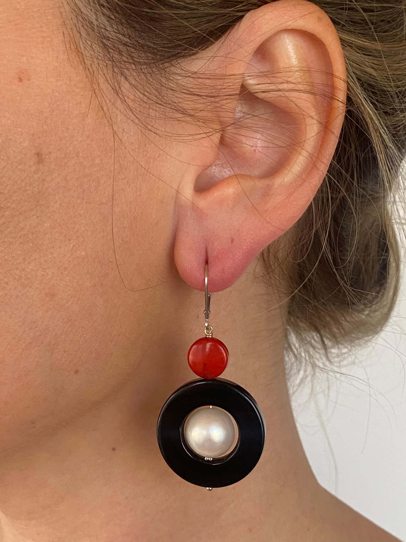 14k Gold, Pearl, Black Onyx & Mediterranean Coral Lever Back Earrings
