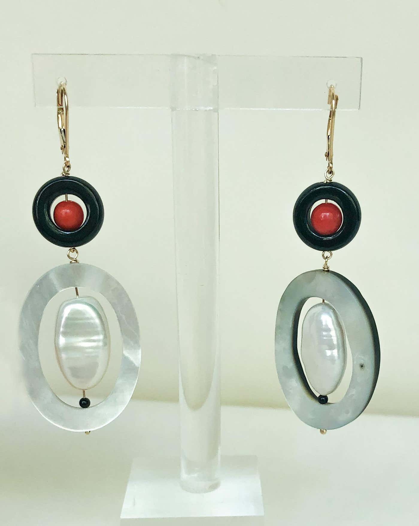 "Art Deco" Inspired Pearl Earrings with Coral, Onyx, Mother of Pearl and Solid 14 Karat Gold Lever Back Hooks