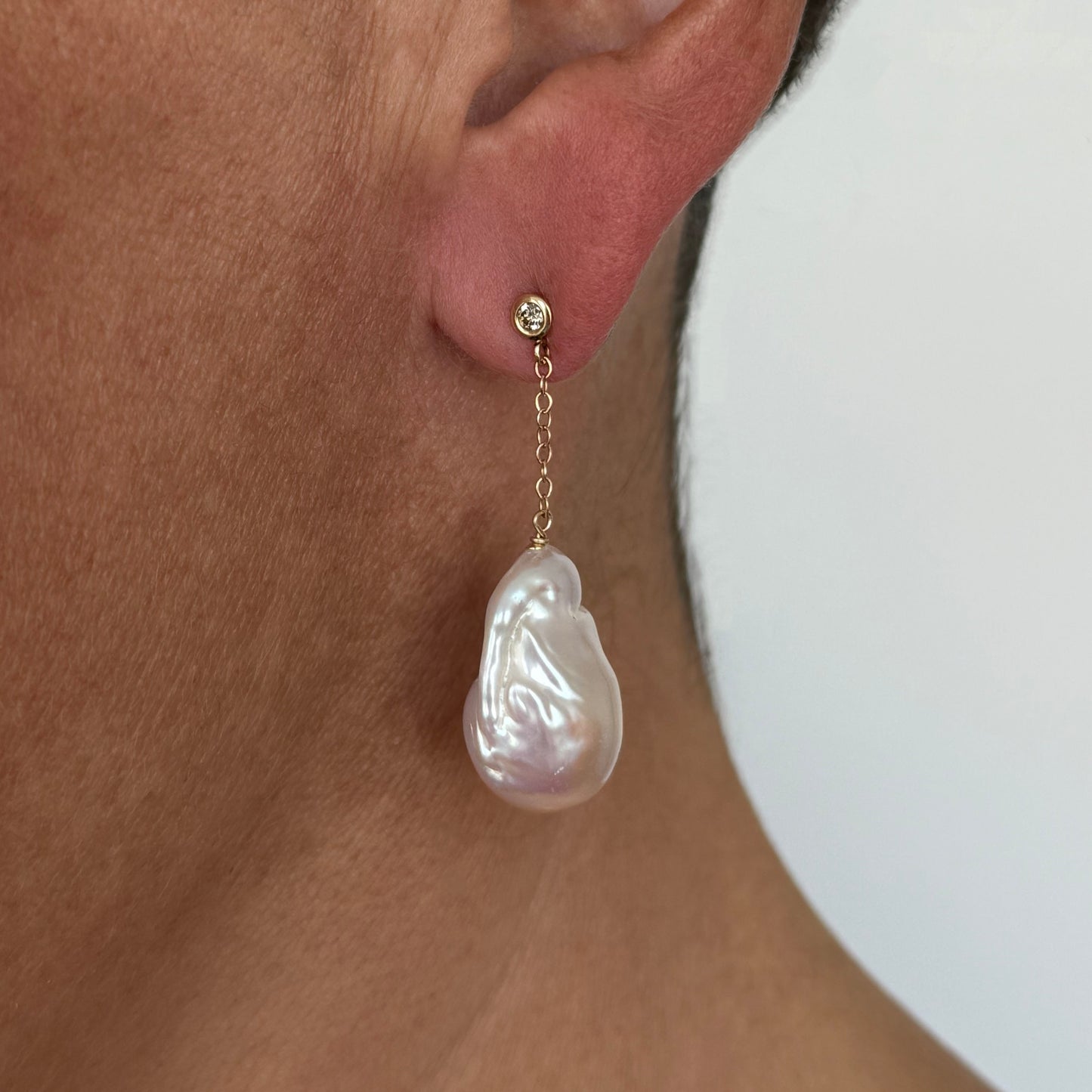 Diamond Studded Earring with Baroque Pearl & Solid 14k Yellow Gold
