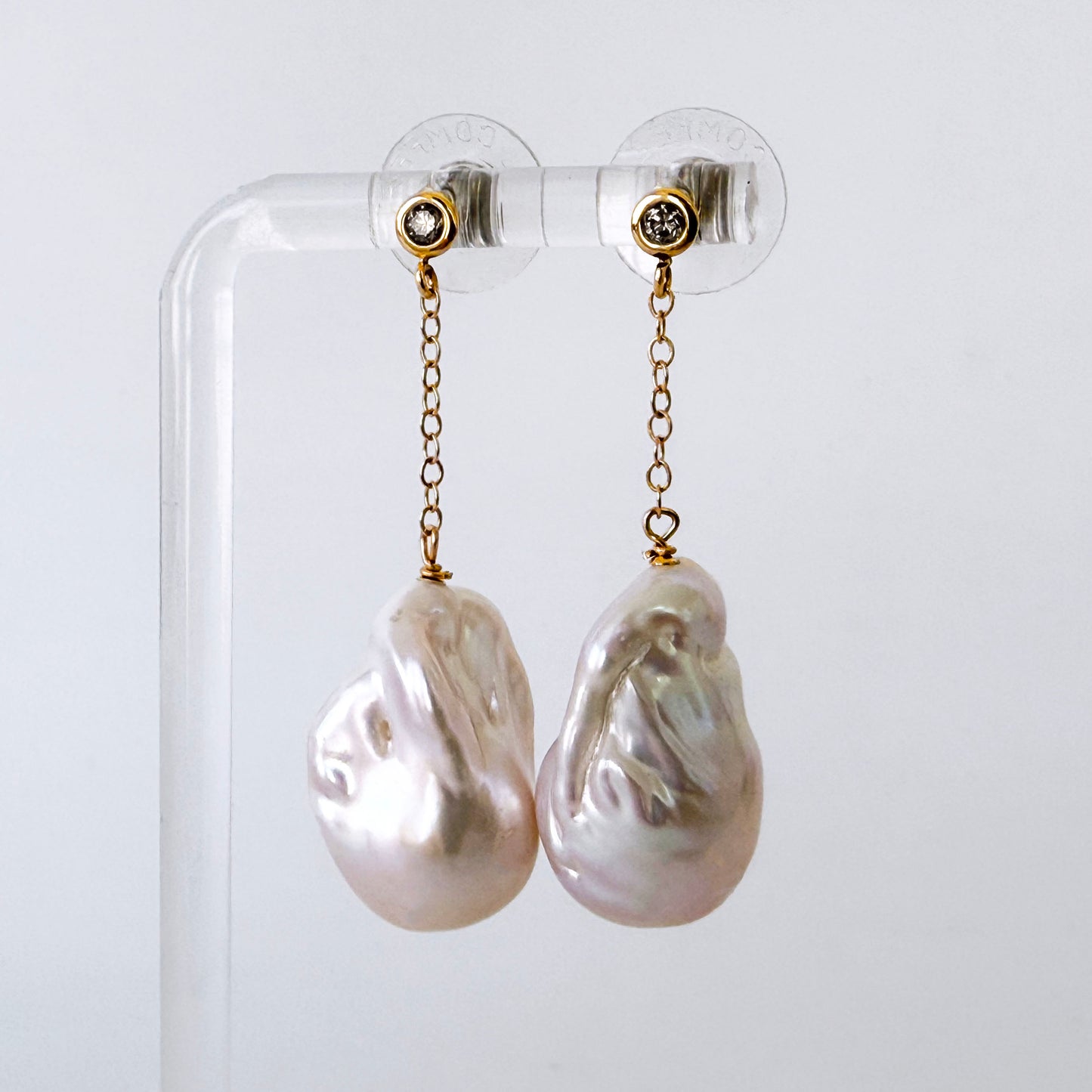 Diamond Studded Earring with Baroque Pearl & Solid 14k Yellow Gold