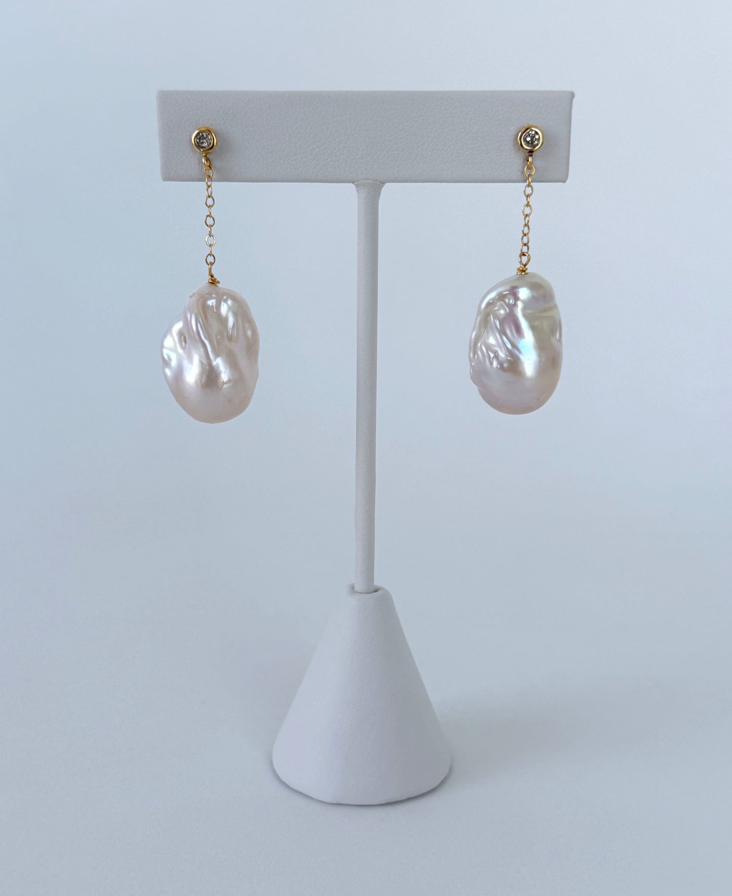 Diamond Studded Earring with Baroque Pearl & Solid 14k Yellow Gold