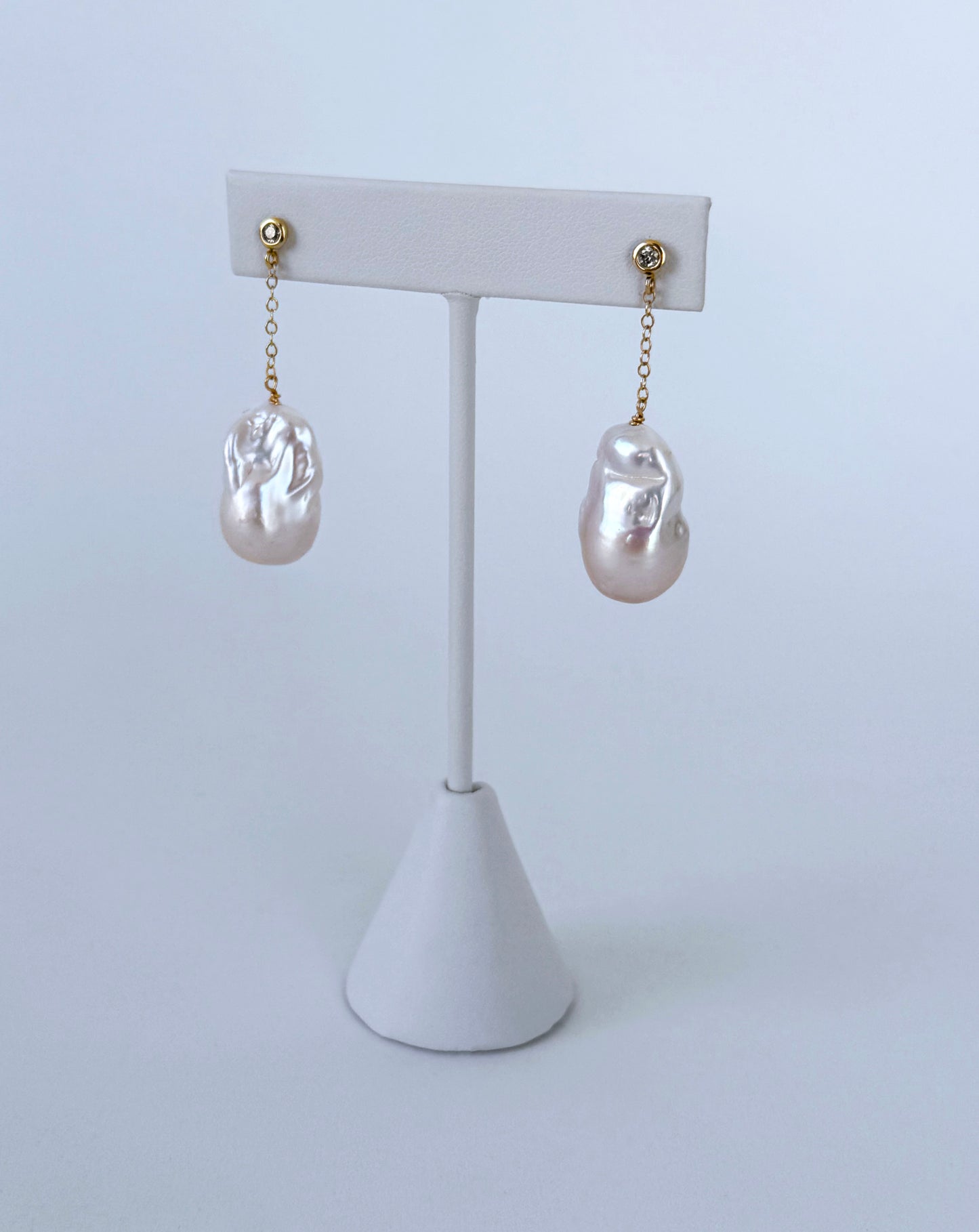 Diamond Studded Earring with Baroque Pearl & Solid 14k Yellow Gold