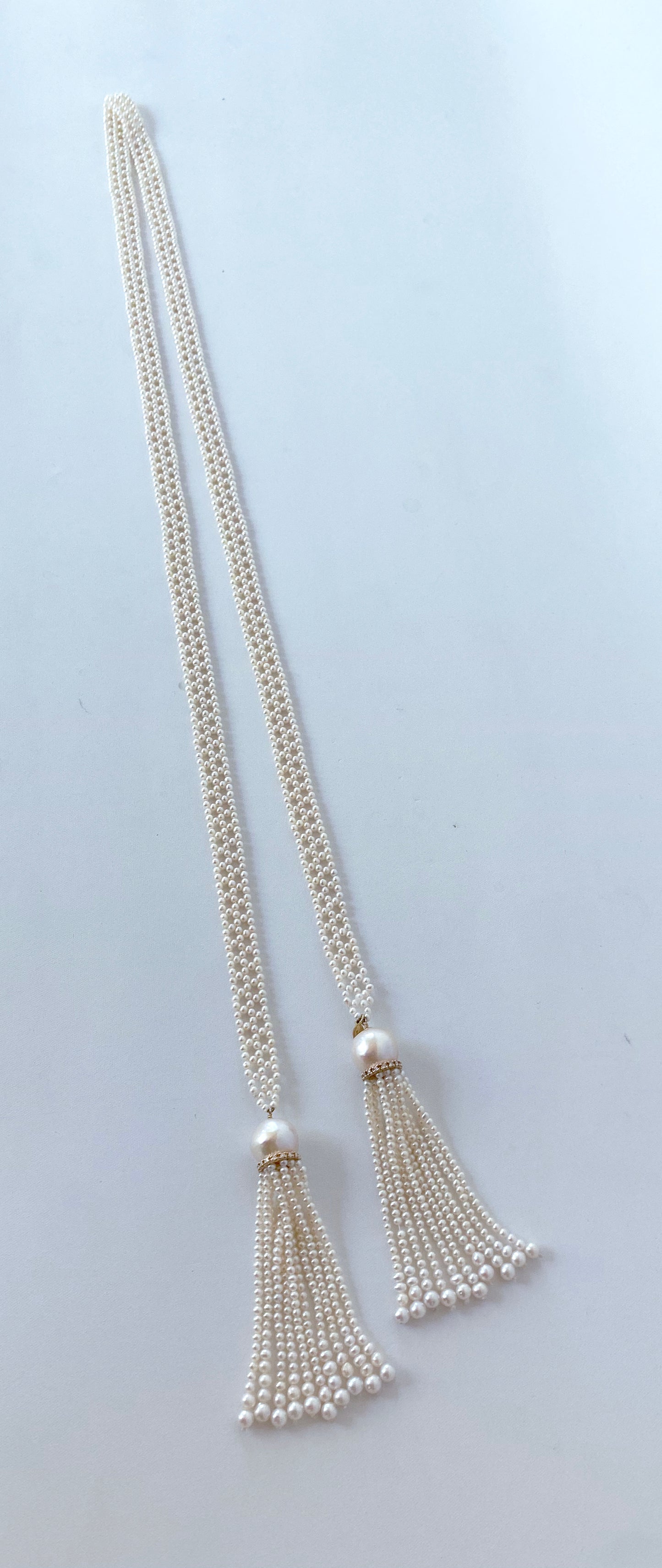Woven Pearl Sautoir with solid 14k Yellow Gold & Diamonds