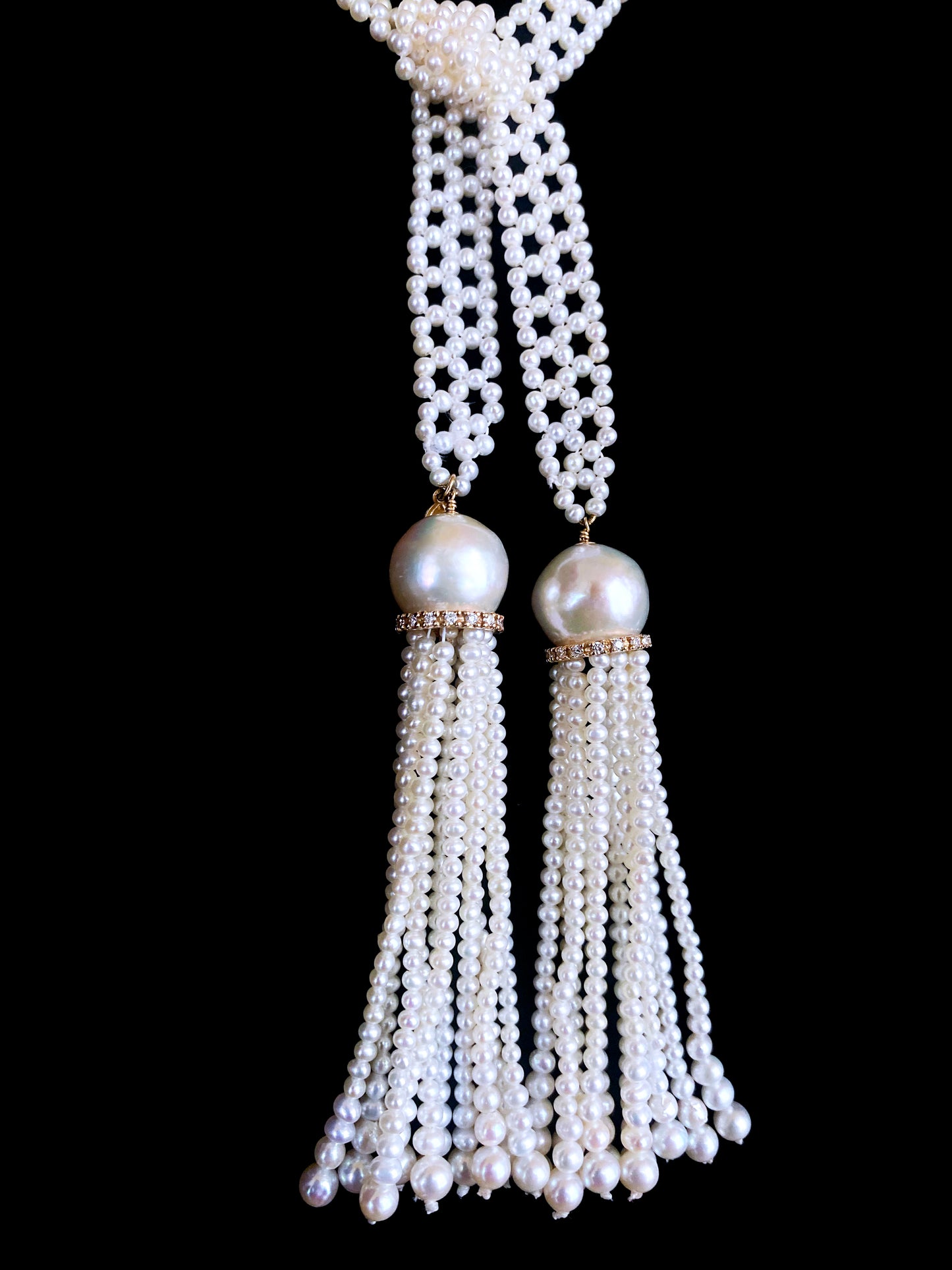 Woven Pearl Sautoir with solid 14k Yellow Gold & Diamonds