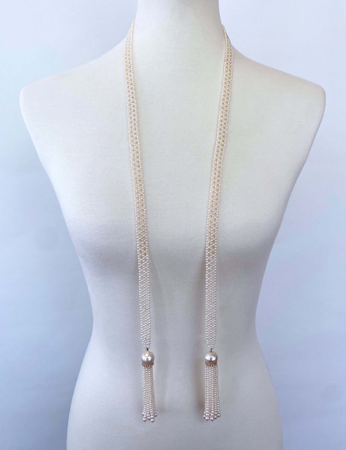 Woven Pearl Sautoir with solid 14k Yellow Gold & Diamonds