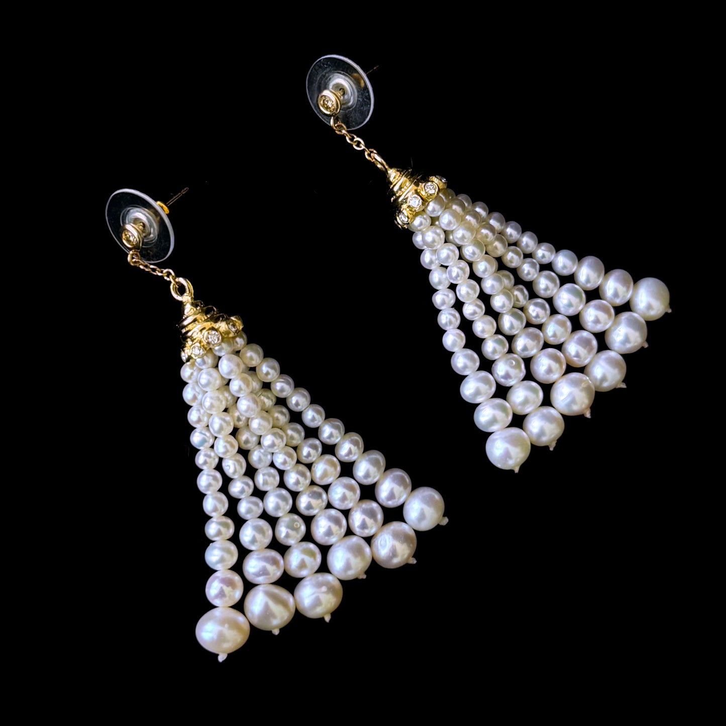 Pearl Tassel Earrings with Diamonds & Solid 14k Yellow Gold