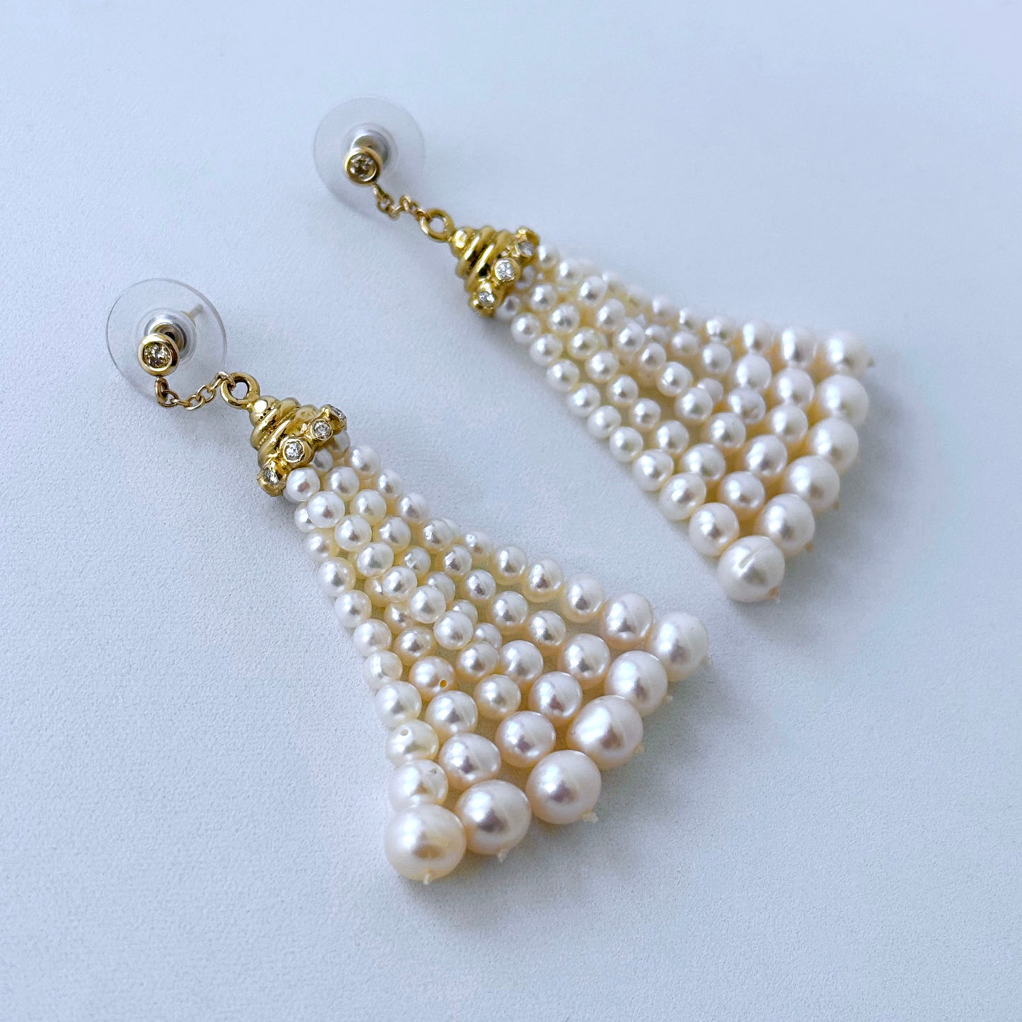 Pearl Tassel Earrings with Diamonds & Solid 14k Yellow Gold