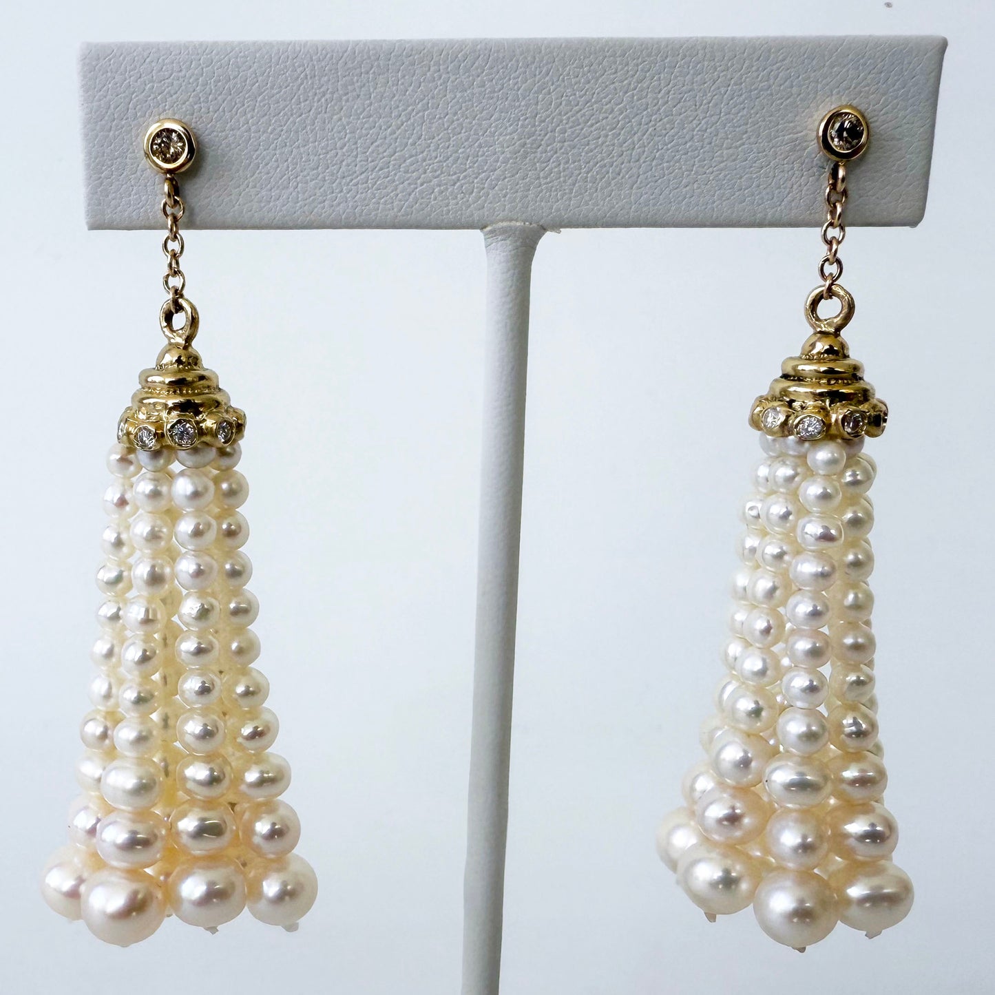 Pearl Tassel Earrings with Diamonds & Solid 14k Yellow Gold