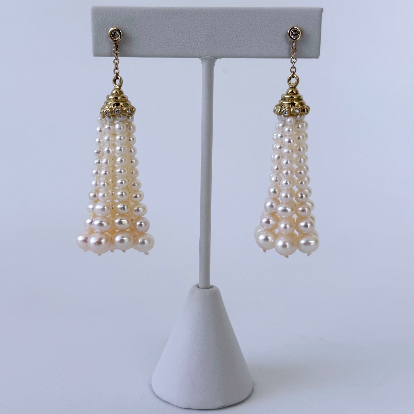 Pearl Tassel Earrings with Diamonds & Solid 14k Yellow Gold