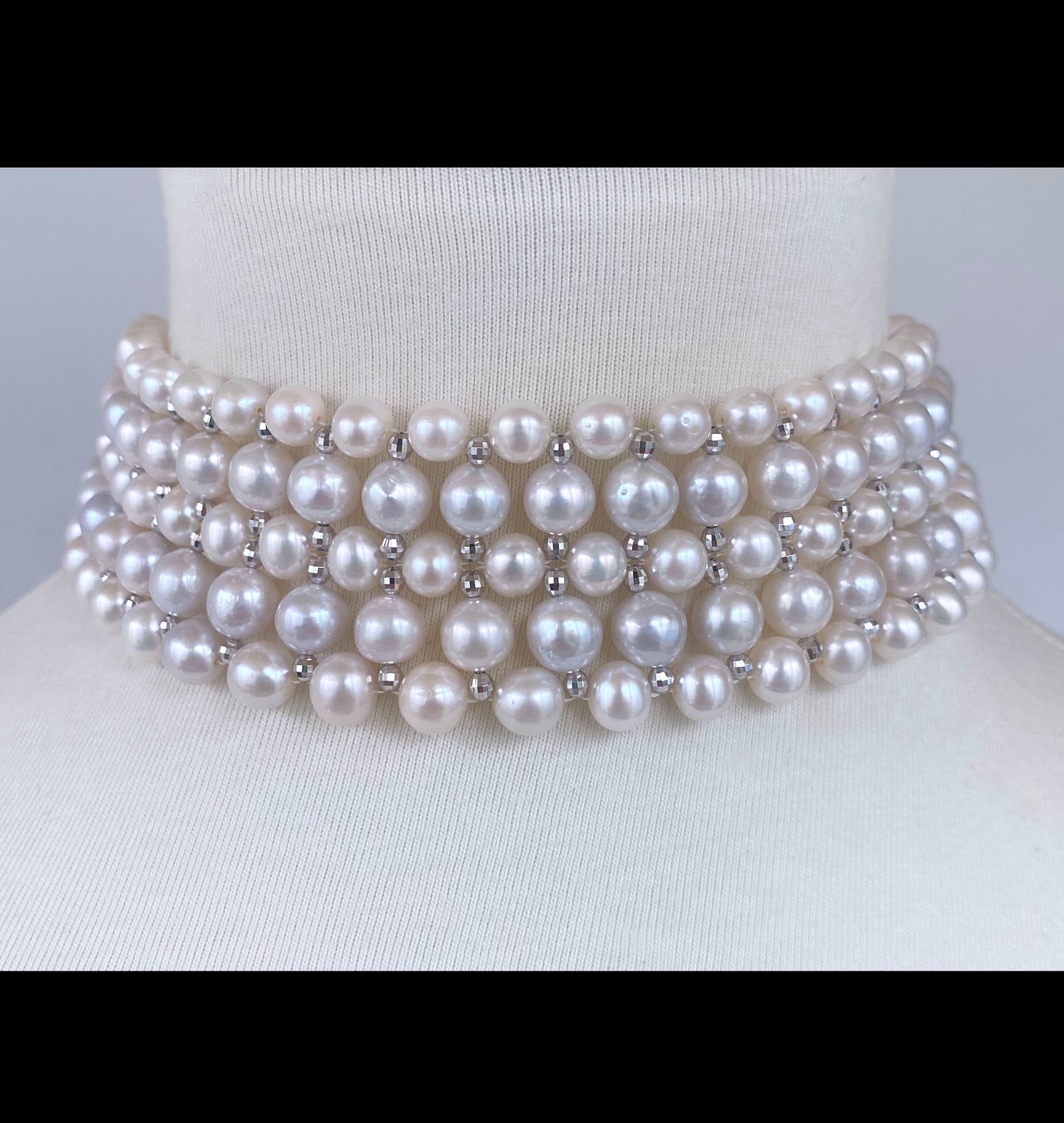 Woven Pearl Choker with White Gold Plated Faceted Beads & Clasp