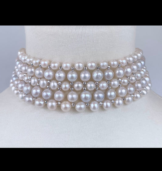 Woven Pearl Choker with White Gold Plated Faceted Beads & Clasp