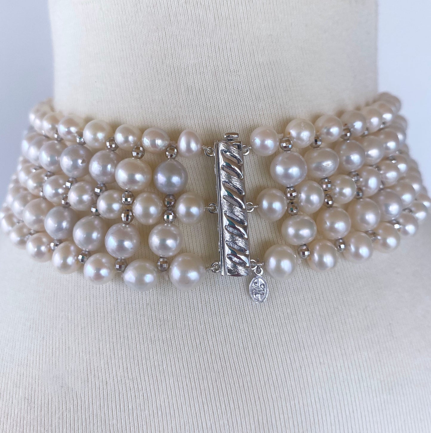 Woven Pearl Choker with White Gold Plated Faceted Beads & Clasp