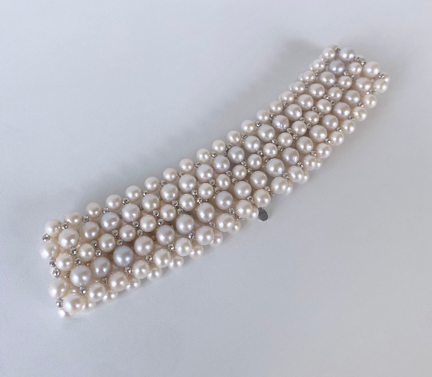 Woven Pearl Choker with White Gold Plated Faceted Beads & Clasp