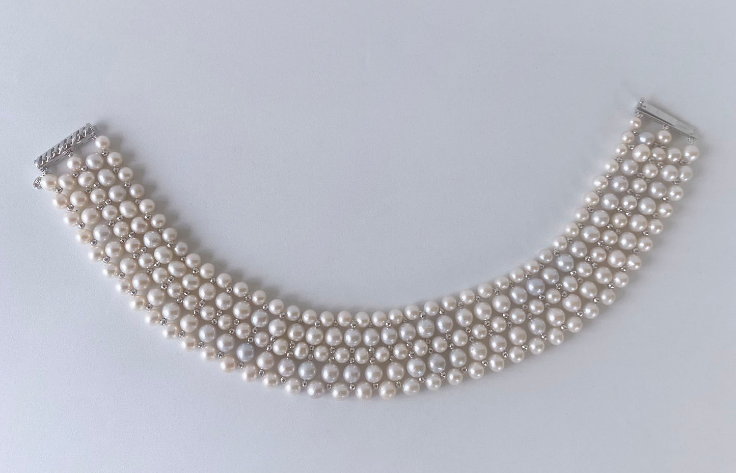 Woven Pearl Choker with White Gold Plated Faceted Beads & Clasp