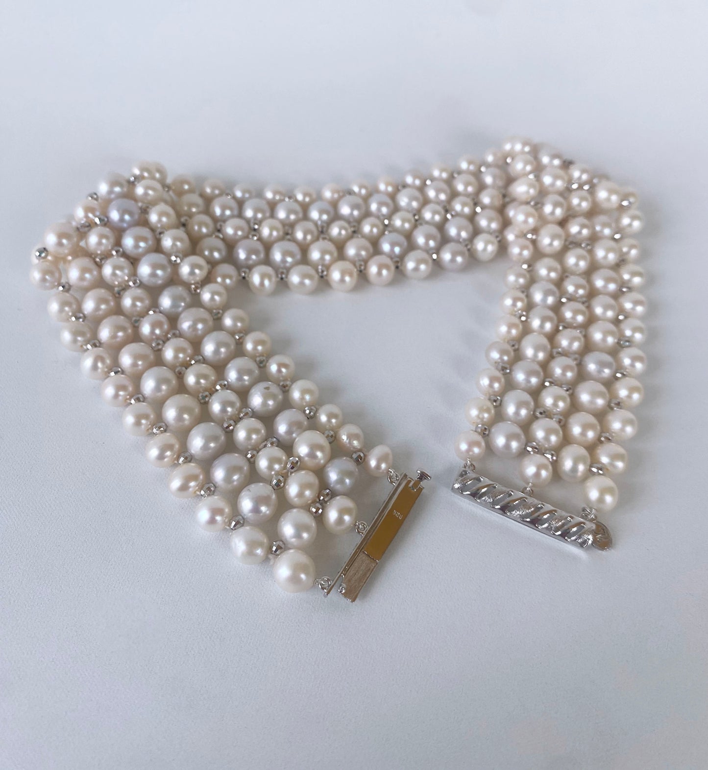 Woven Pearl Choker with White Gold Plated Faceted Beads & Clasp