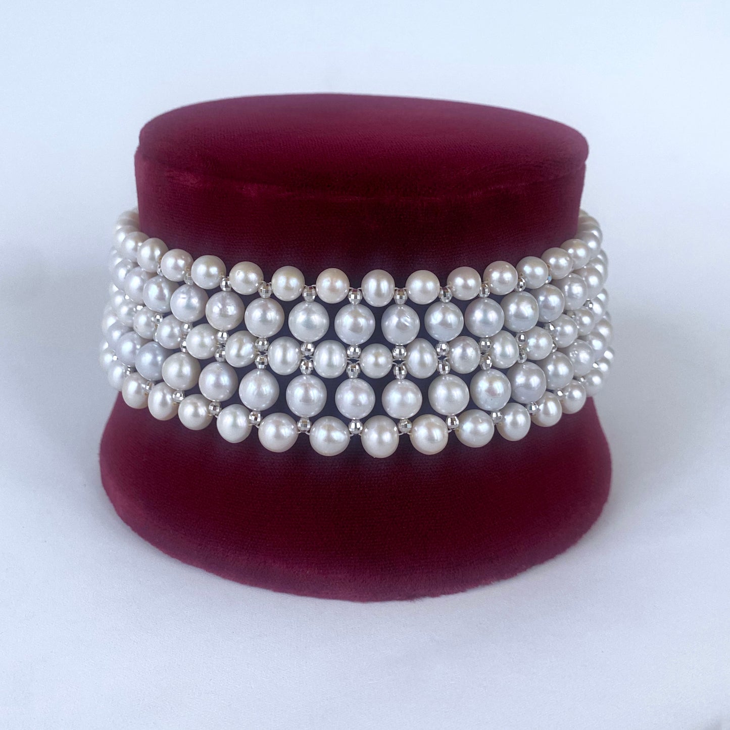 Woven Pearl Choker with White Gold Plated Faceted Beads & Clasp