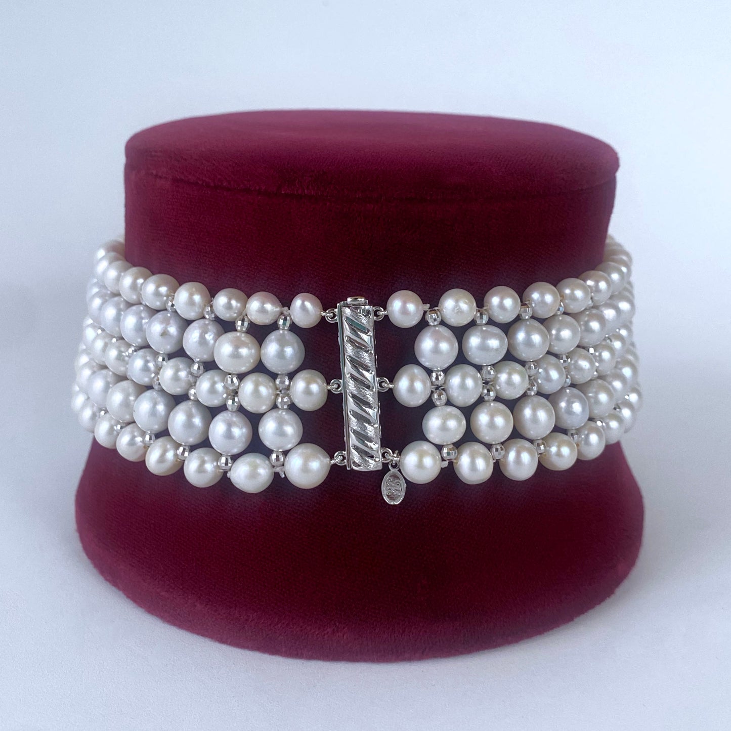 Woven Pearl Choker with White Gold Plated Faceted Beads & Clasp