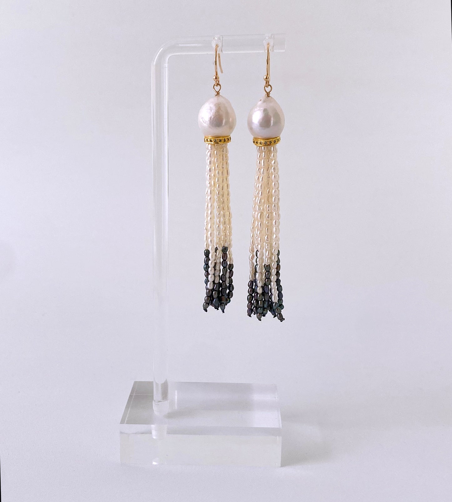 Black & White Rice Pearl Tassel Earrings with Diamonds & Gold