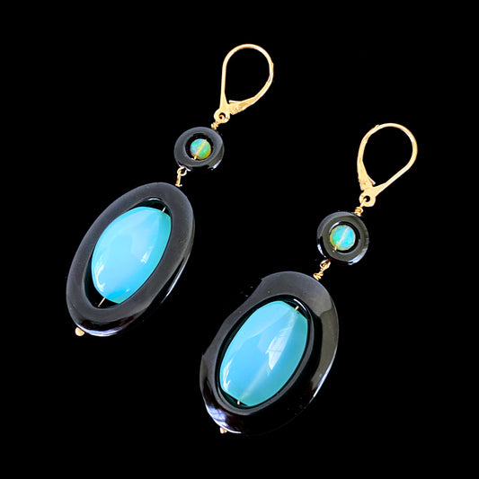 Black Onyx, Fire Opal & Chalcedony Earrings with solid 14k Lever Backs