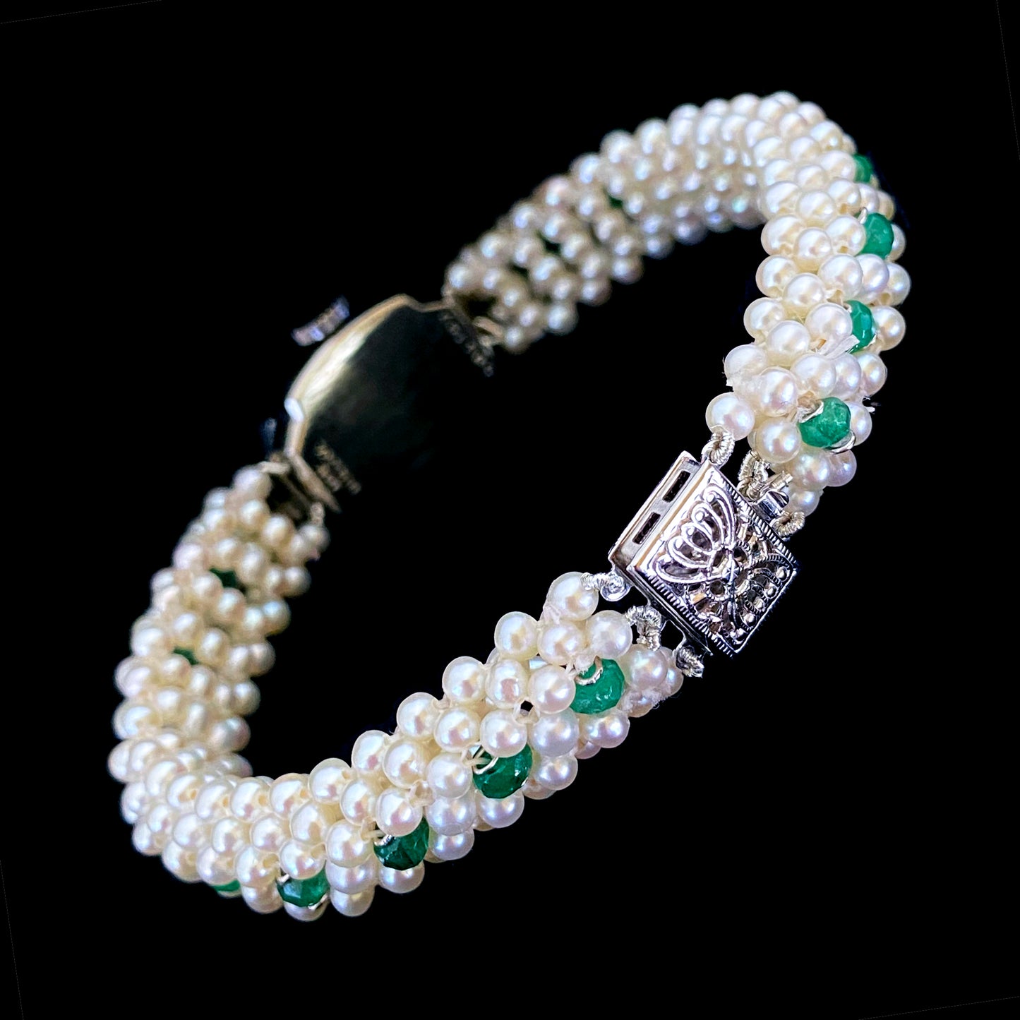 Emerald Encrusted Vintage Watch with Pearls and 14k White Gold