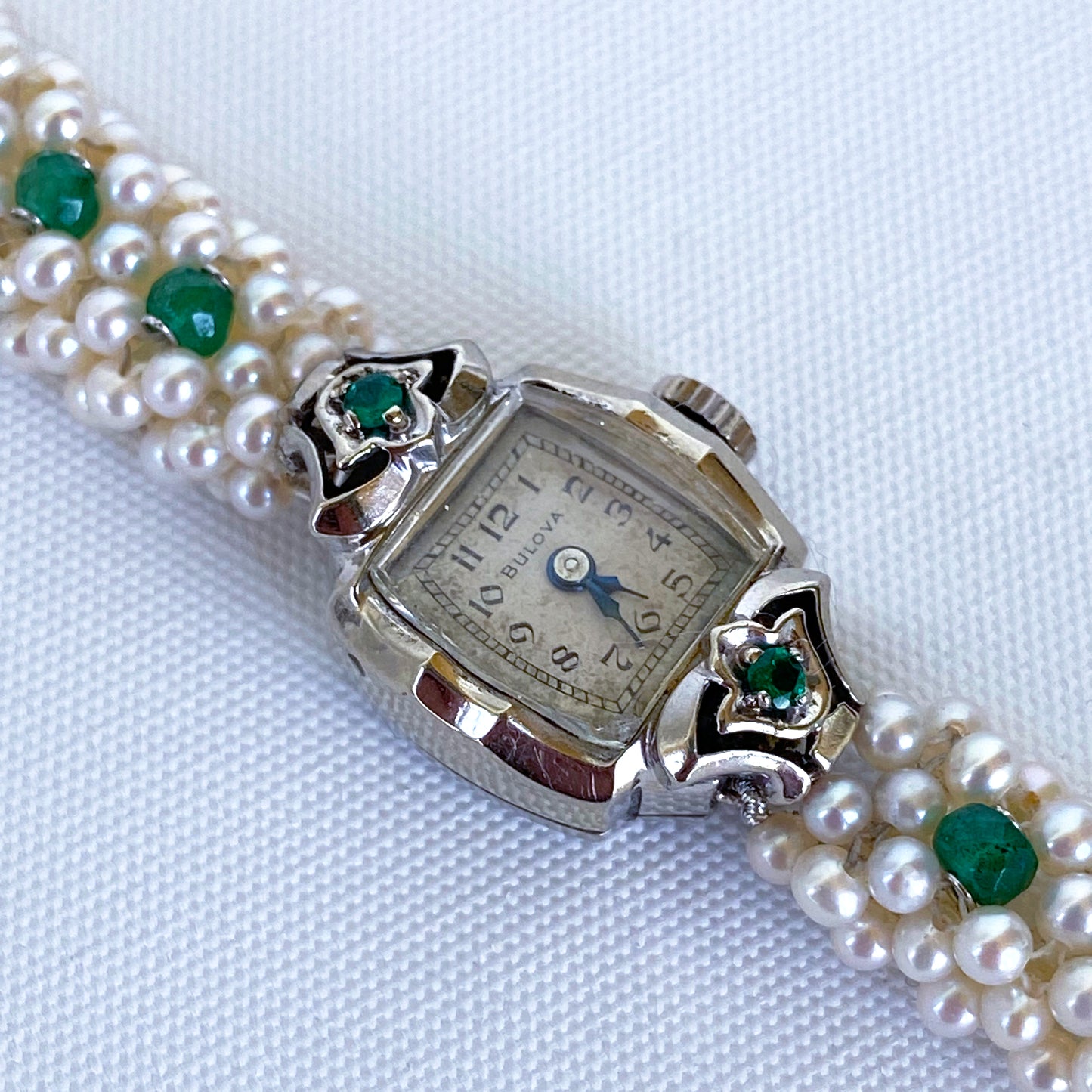 Emerald Encrusted Vintage Watch with Pearls and 14k White Gold