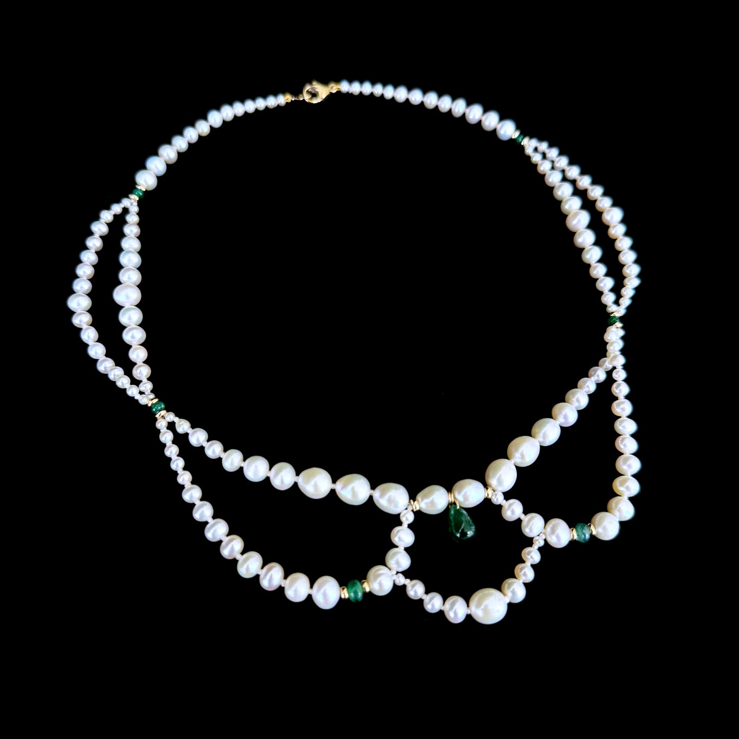 Graduated & Draped Pearl & Emerald Necklace with 14K Yellow Gold