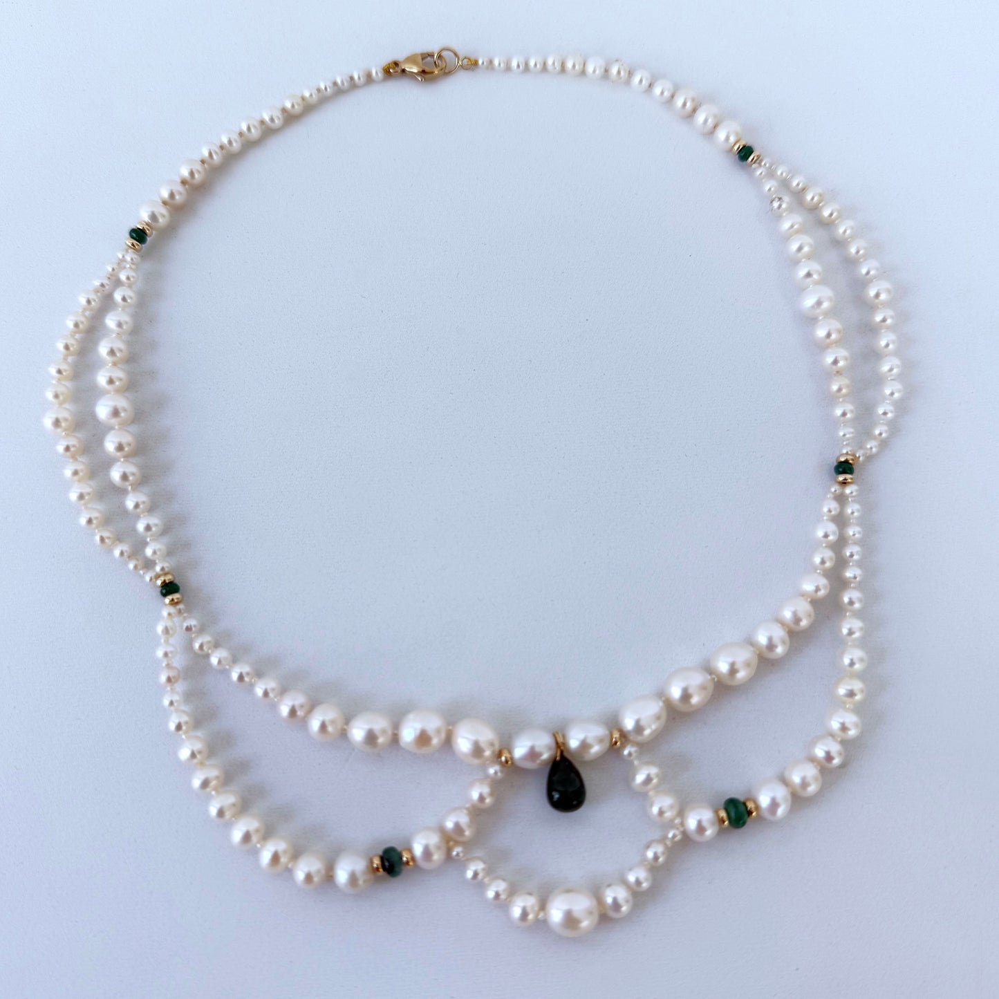 Graduated & Draped Pearl & Emerald Necklace with 14K Yellow Gold