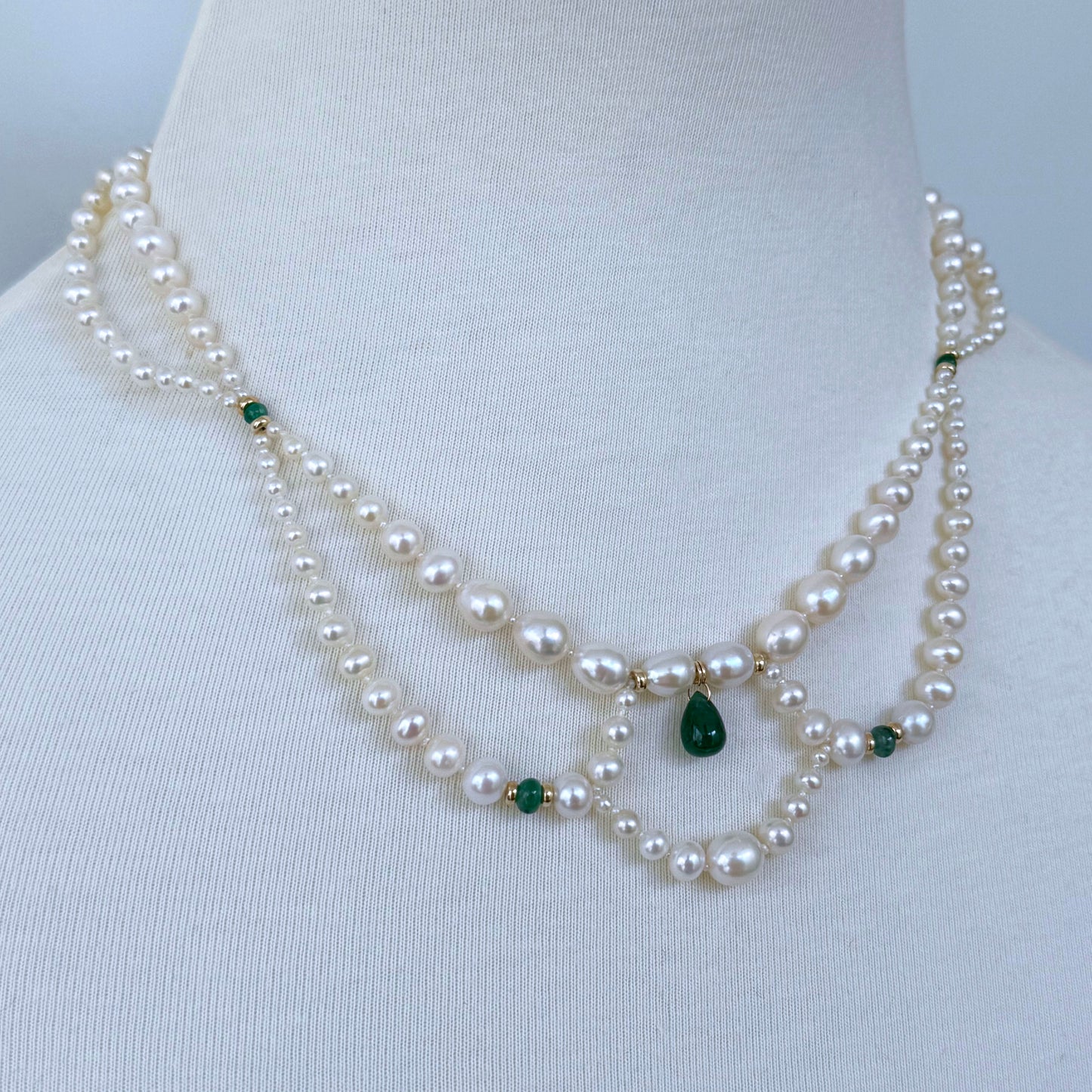 Graduated & Draped Pearl & Emerald Necklace with 14K Yellow Gold