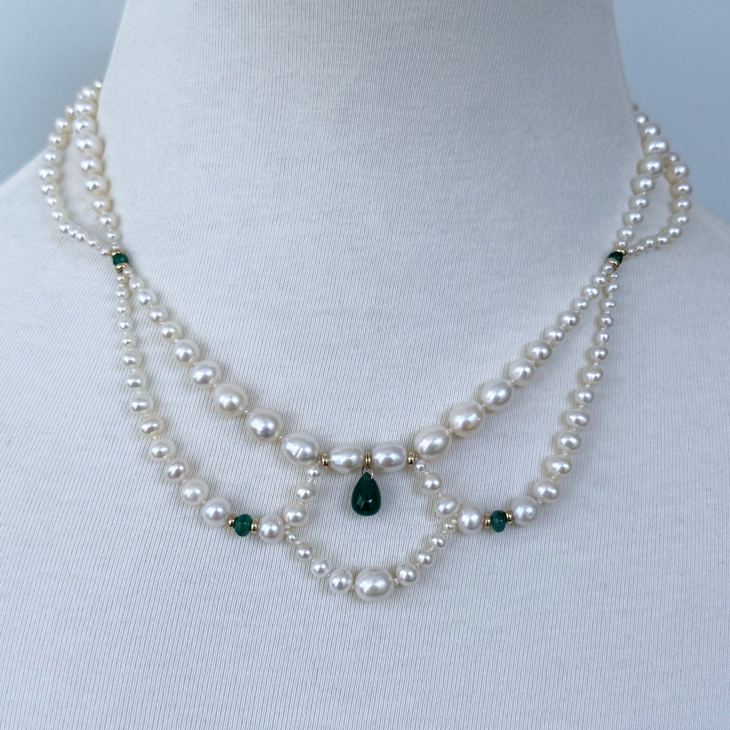 Graduated & Draped Pearl & Emerald Necklace with 14K Yellow Gold