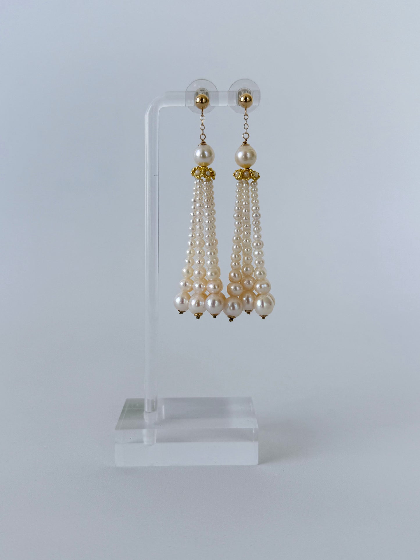 Graduated Pearl Dangle-Tassel Earring with Solid 14k Yellow Gold