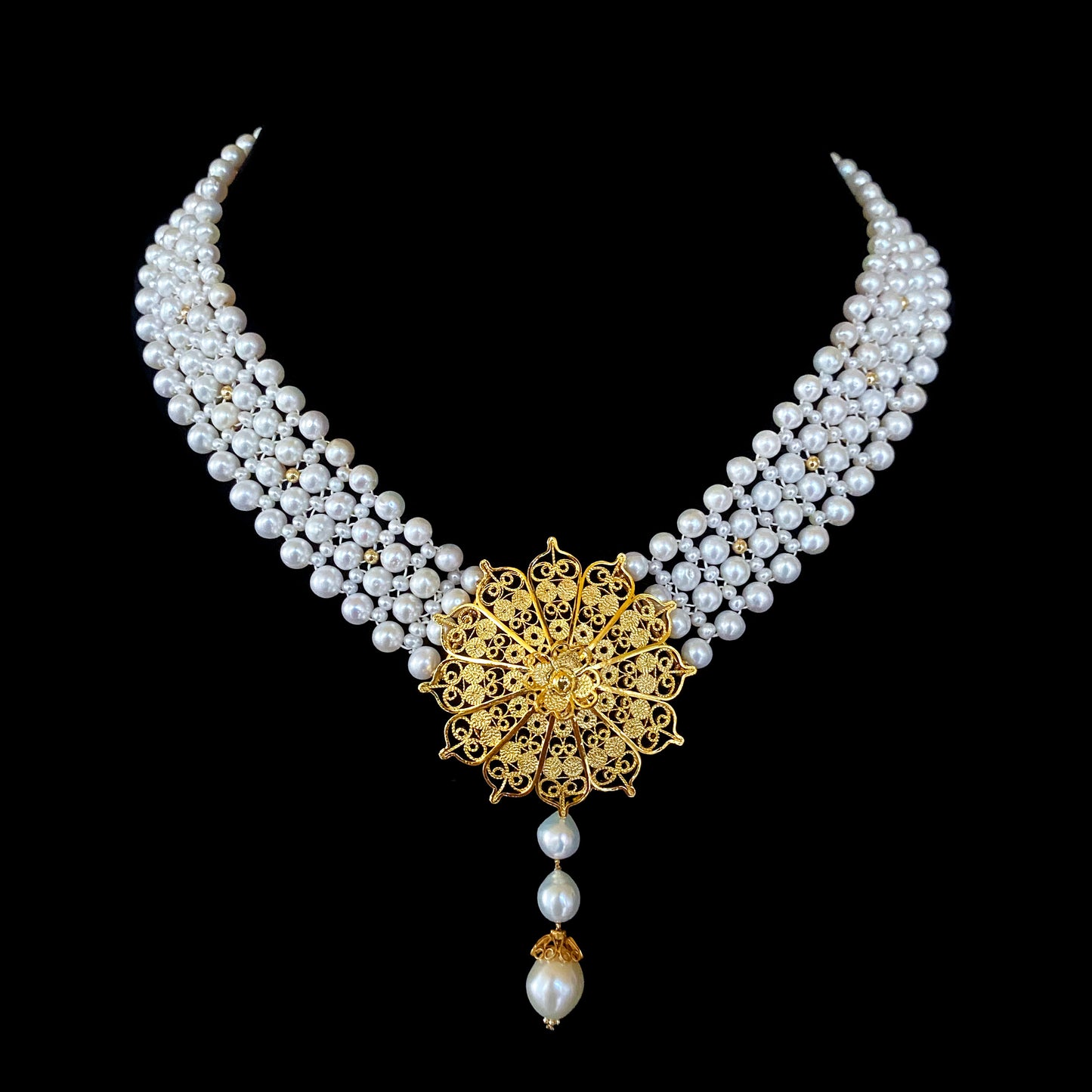 Pearl Woven Necklace with 18k Yellow Gold Plated Floral Centerpiece and Findings