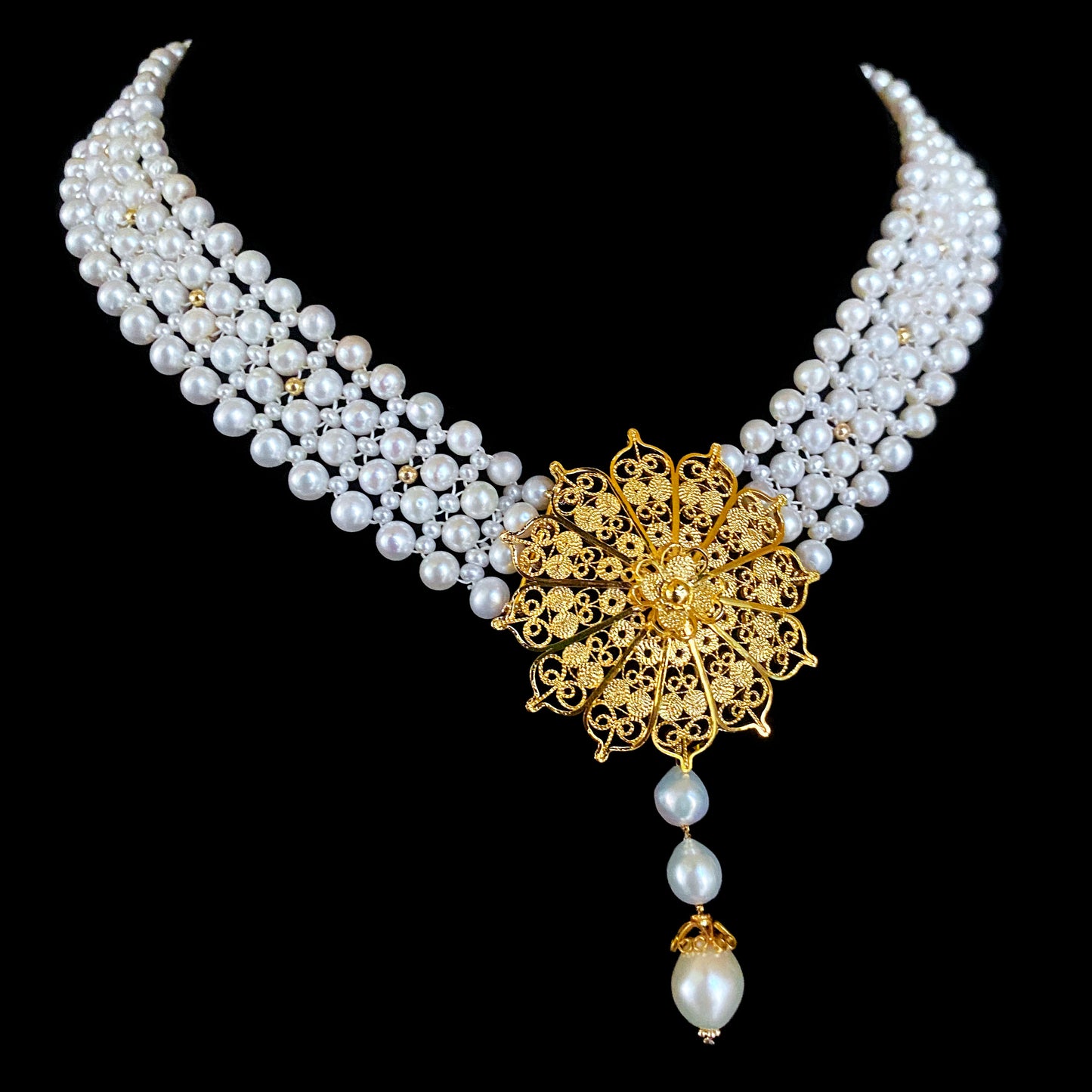 Pearl Woven Necklace with 18k Yellow Gold Plated Floral Centerpiece and Findings
